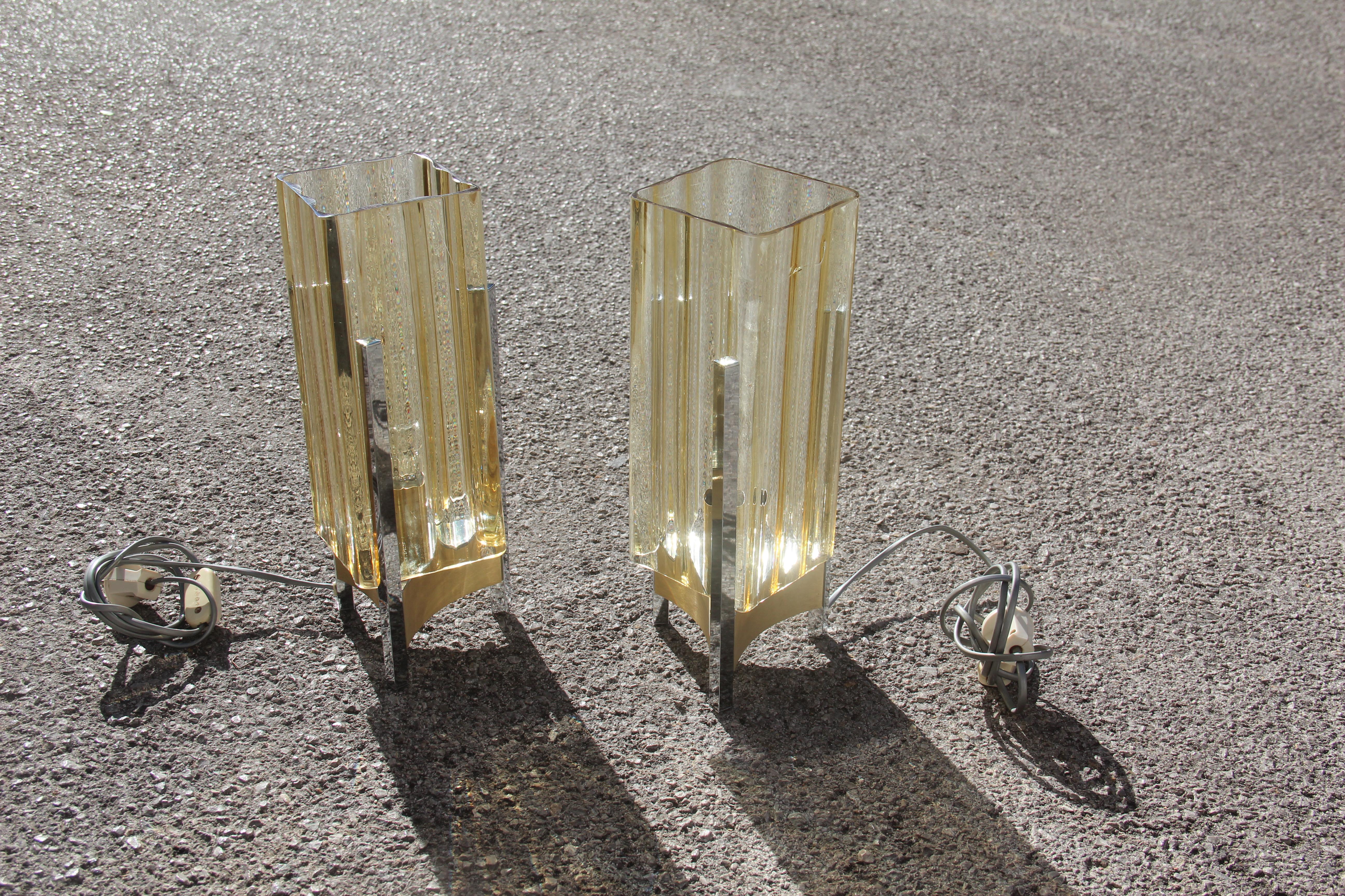 Pair of Table Lamp Sciolari Design Cubic Form Steel Yellow Murano Glass Italian (Italienisch)