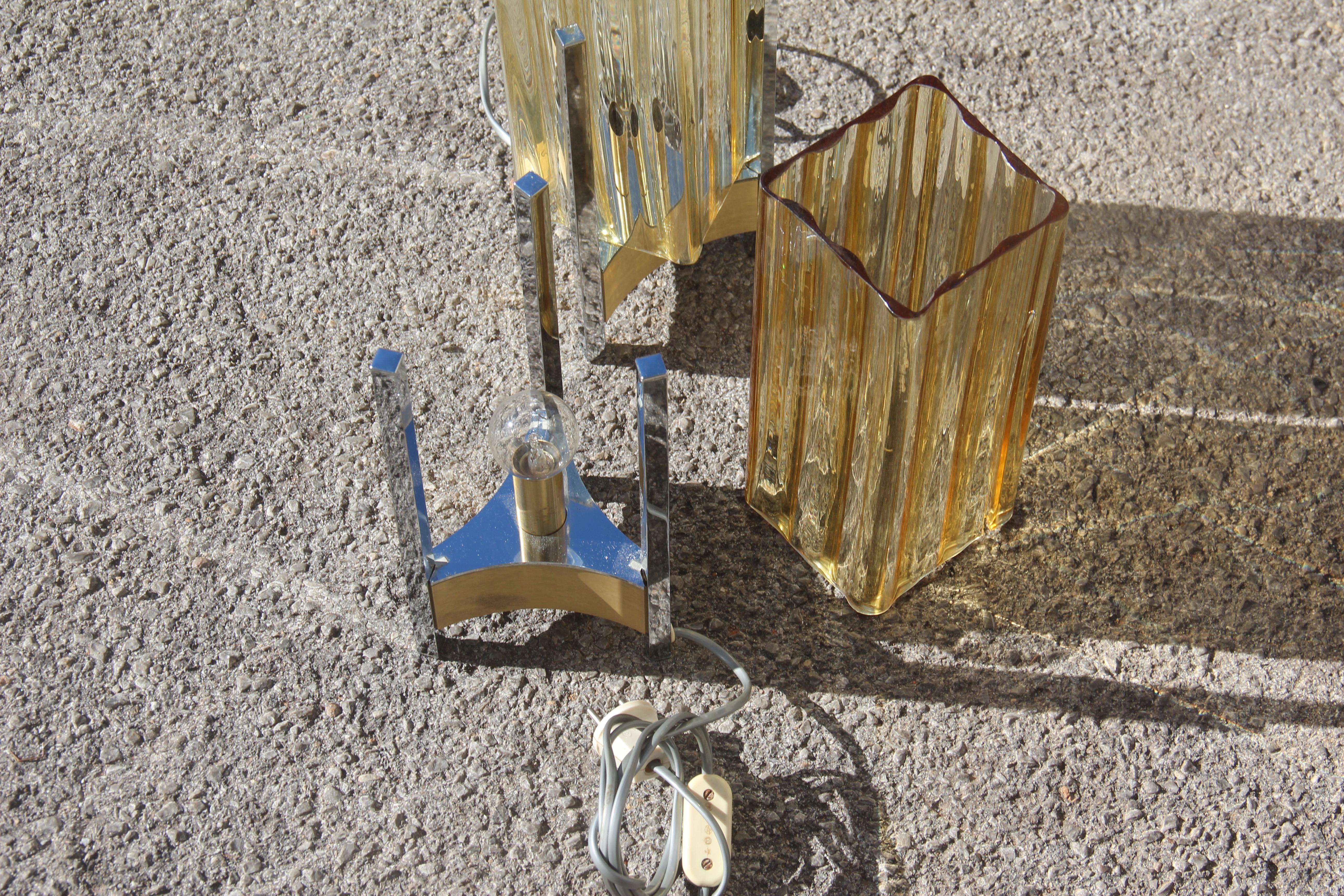 Pair of Table Lamp Sciolari Design Cubic Form Steel Yellow Murano Glass Italian 2