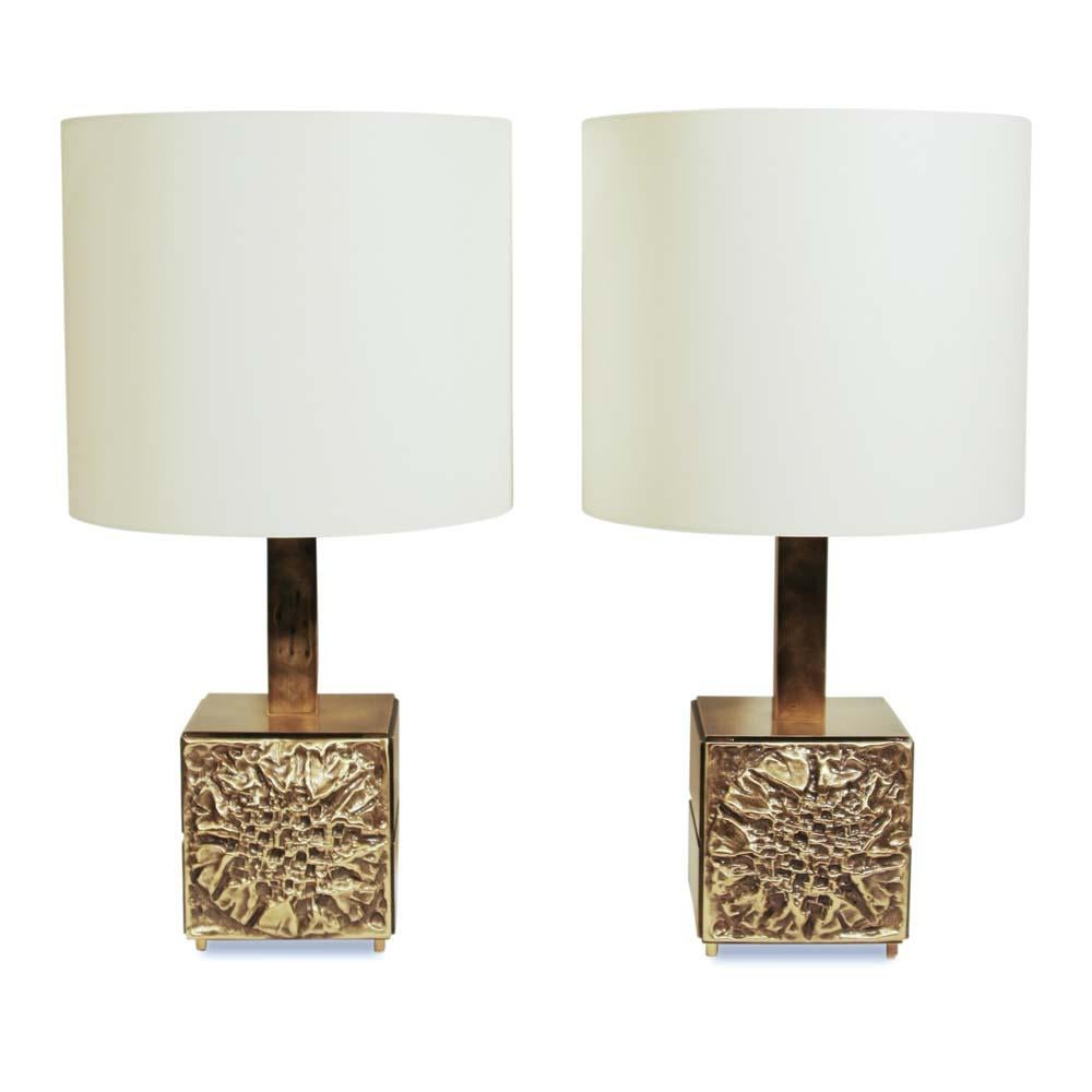 Brass 1960s Pair of Table Lamps Italian by Luciano Frigerio Bronze Cream Silk Shades
