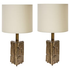 Retro Pair of Table Lamps 60s Italian Design by Luciano Frigerio Cream Silk Shades