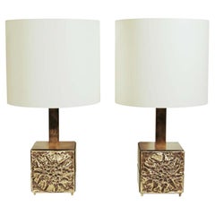 1960s Pair of Table Lamps Italian by Luciano Frigerio Bronze Cream Silk Shades