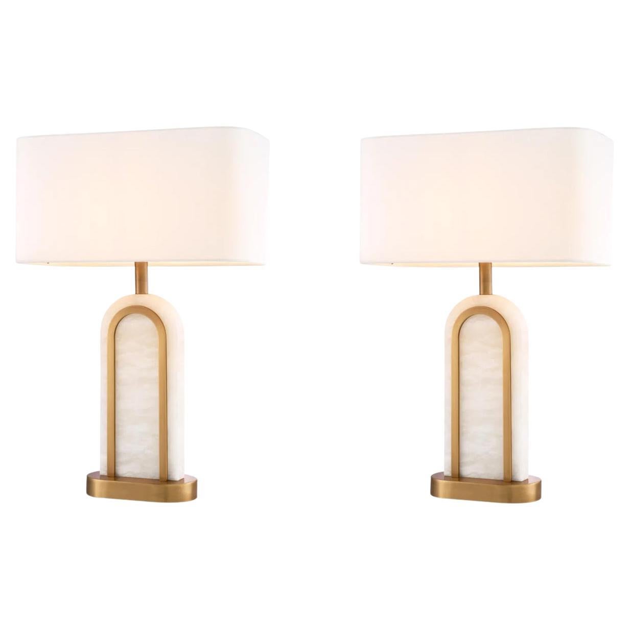 Pair of Table Lamps, Antique Brass and Alabaster Finish, Vintage Charm. For Sale