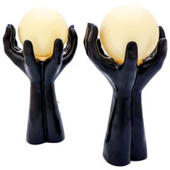 Pair of Table Lamps, Black Hands with Globes, Glass & Synthetic Material 