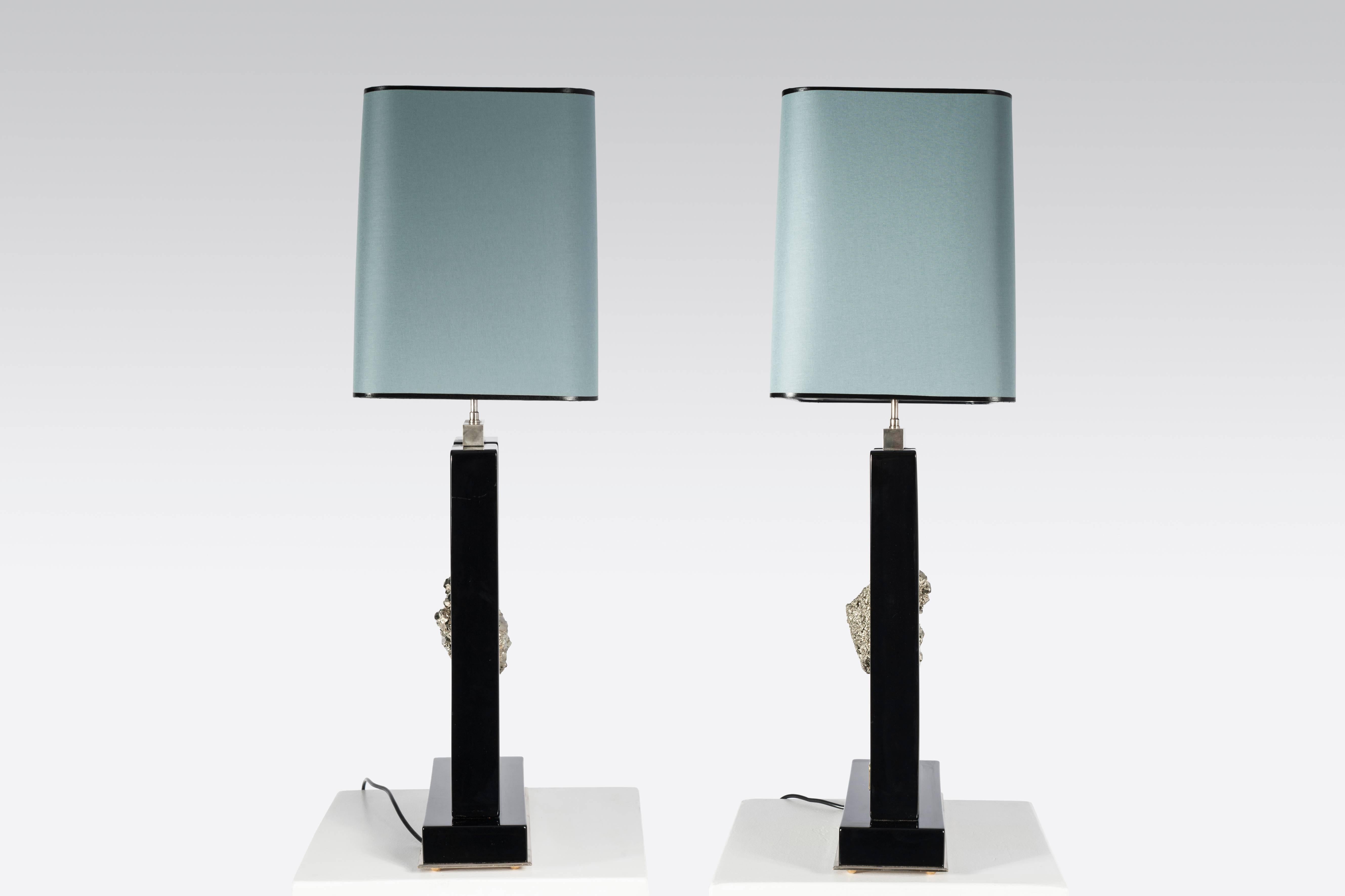 Mid-Century Modern Pair of Table Lamps Black Resin and Pyrite by Stan Usel