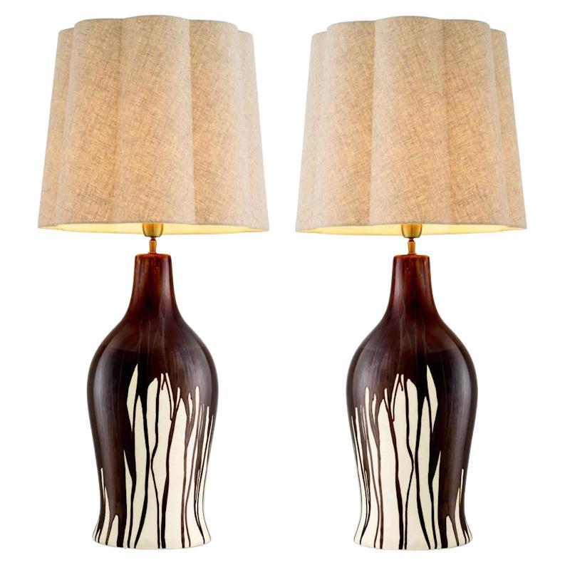 Pair of Table Lamps, Brown Drip Effect, Vintage Brass Finish For Sale