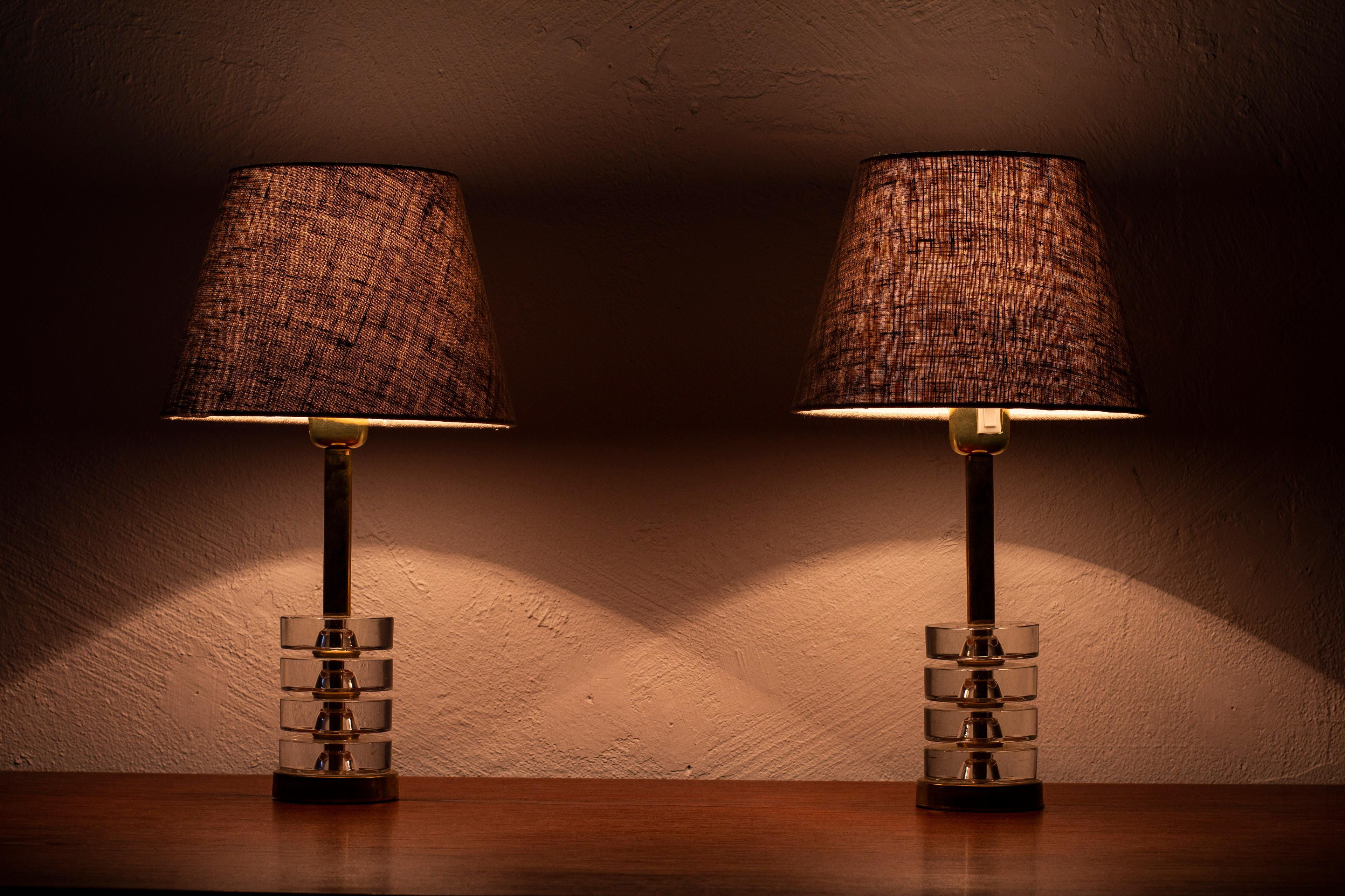 Brass Pair of Table Lamps by Carl Fagerlund, Orrefors, Sweden, 1950s