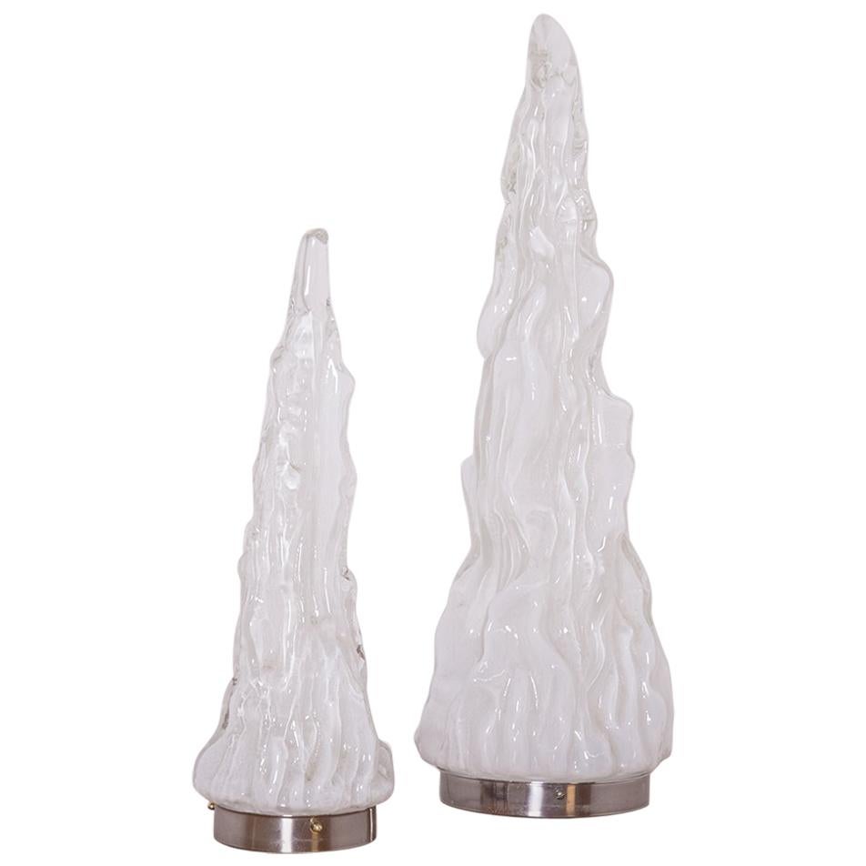 Pair of Table Lamps by Carlo Nason for Vistosi in White Murano Glass, 1960