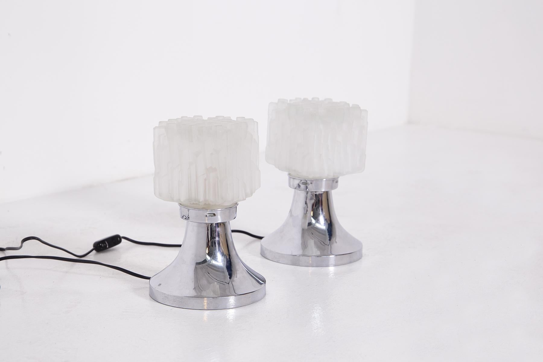 Art Glass Pair of Table Lamps by Gaetano Sciolari in Satin Glass and Chrome Metal For Sale