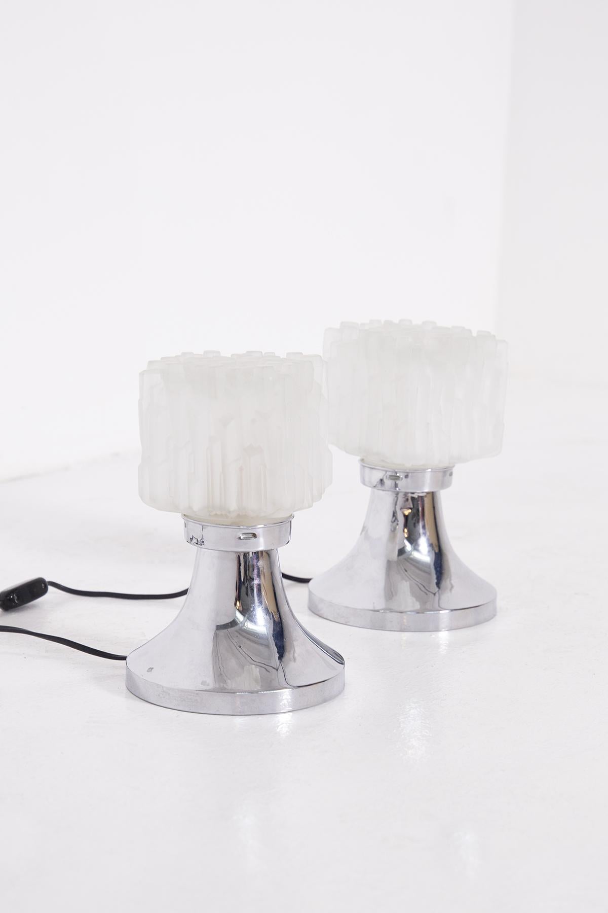 Pair of Table Lamps by Gaetano Sciolari in Satin Glass and Chrome Metal For Sale 1