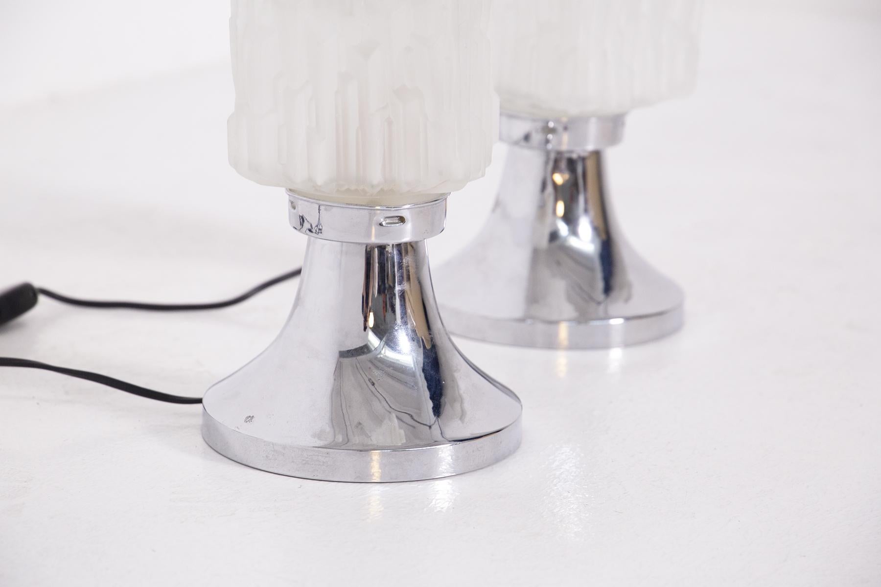 Pair of Table Lamps by Gaetano Sciolari in Satin Glass and Chrome Metal For Sale 2