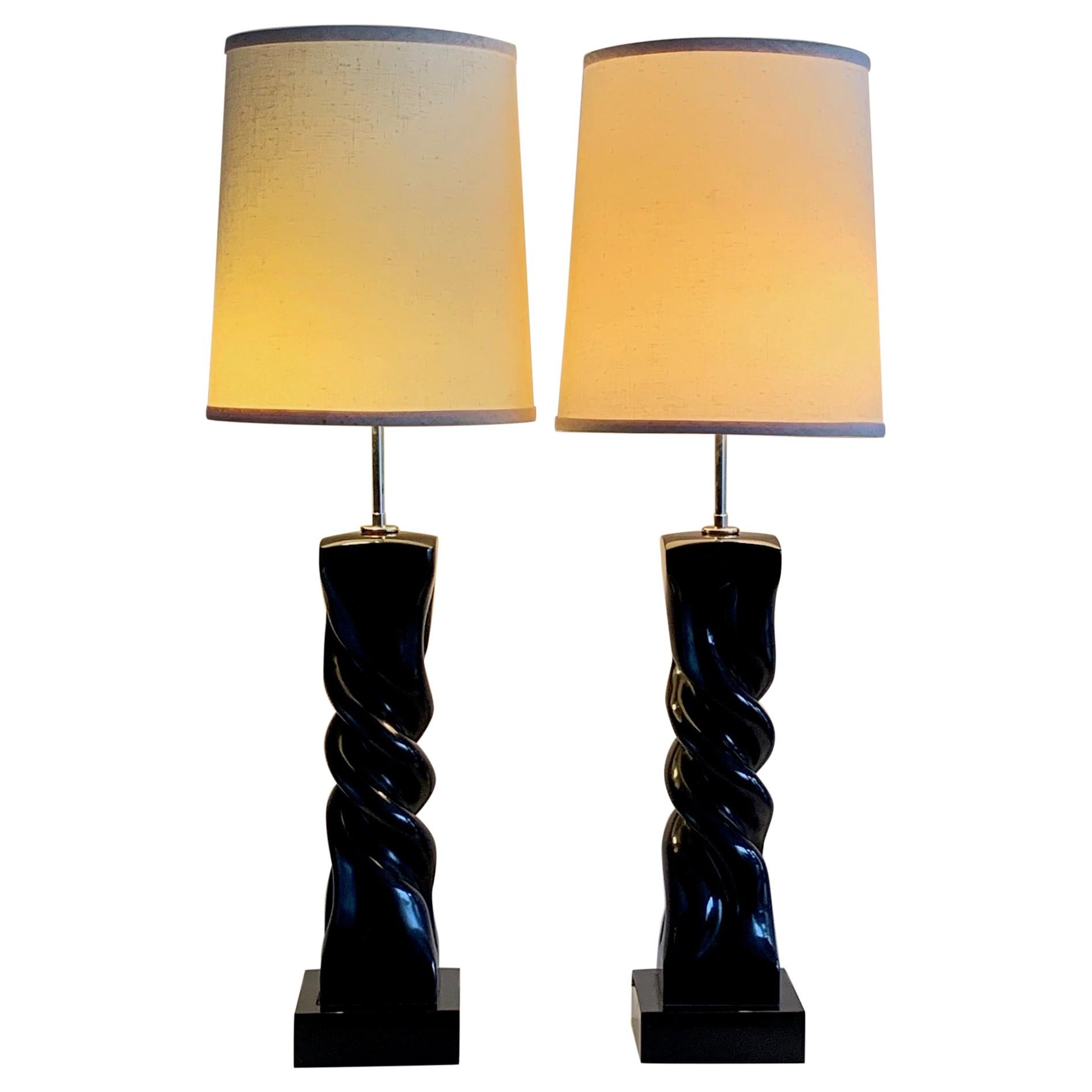 Pair of Table Lamps by Heifetz in Black Lacquer For Sale