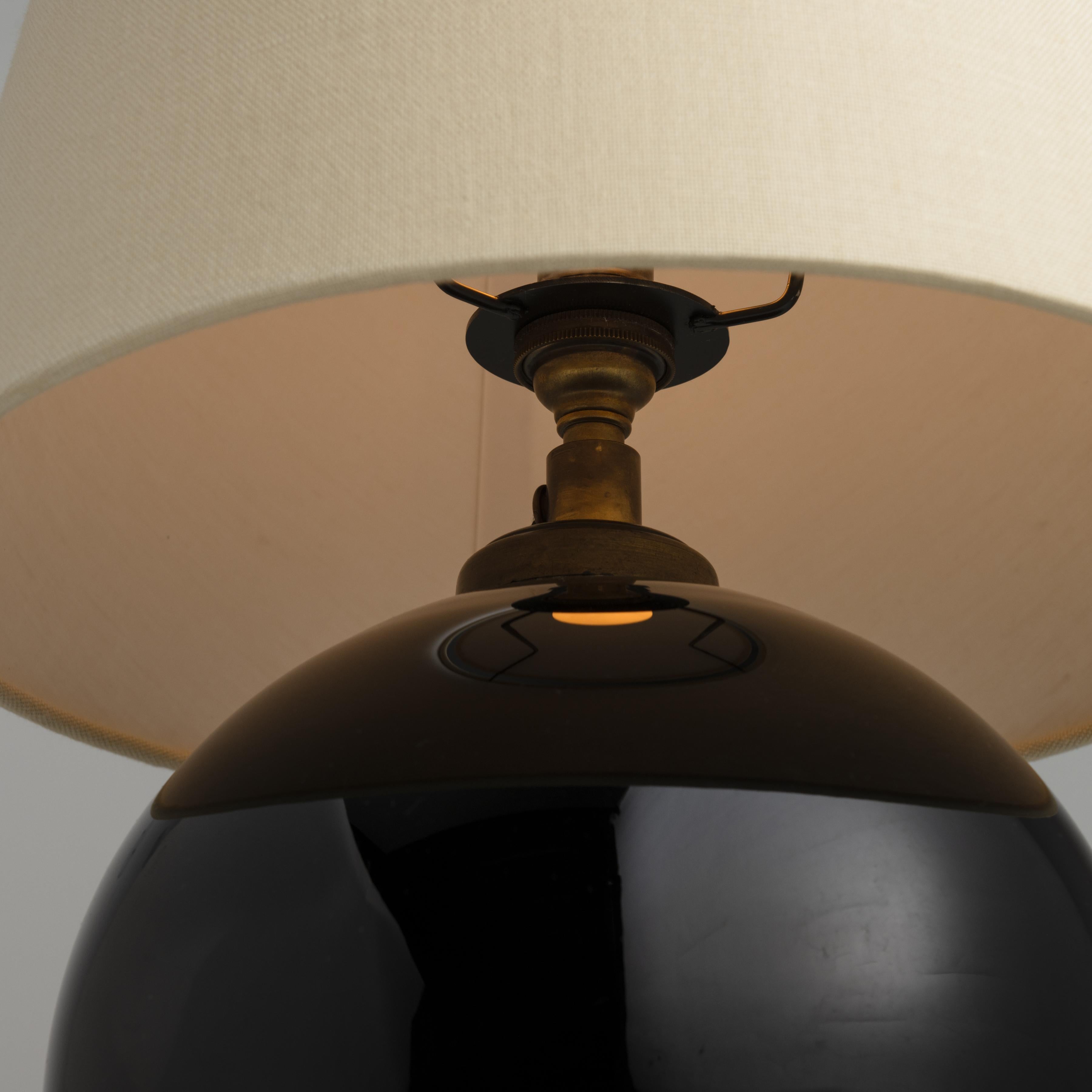 Linen Pair of Black Opaline Table Lamps by Jacques Adnet 