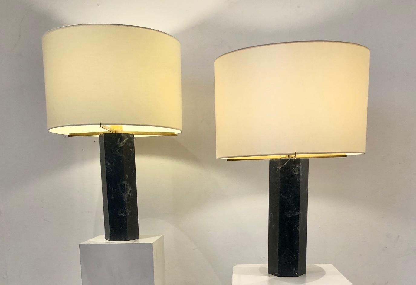 Pair of table lamps in black marble by Jules Wabbes, new shade.
Measures: 44.5 cm x 66 cm with shade,
40 cm x 43.5 cm without shade.