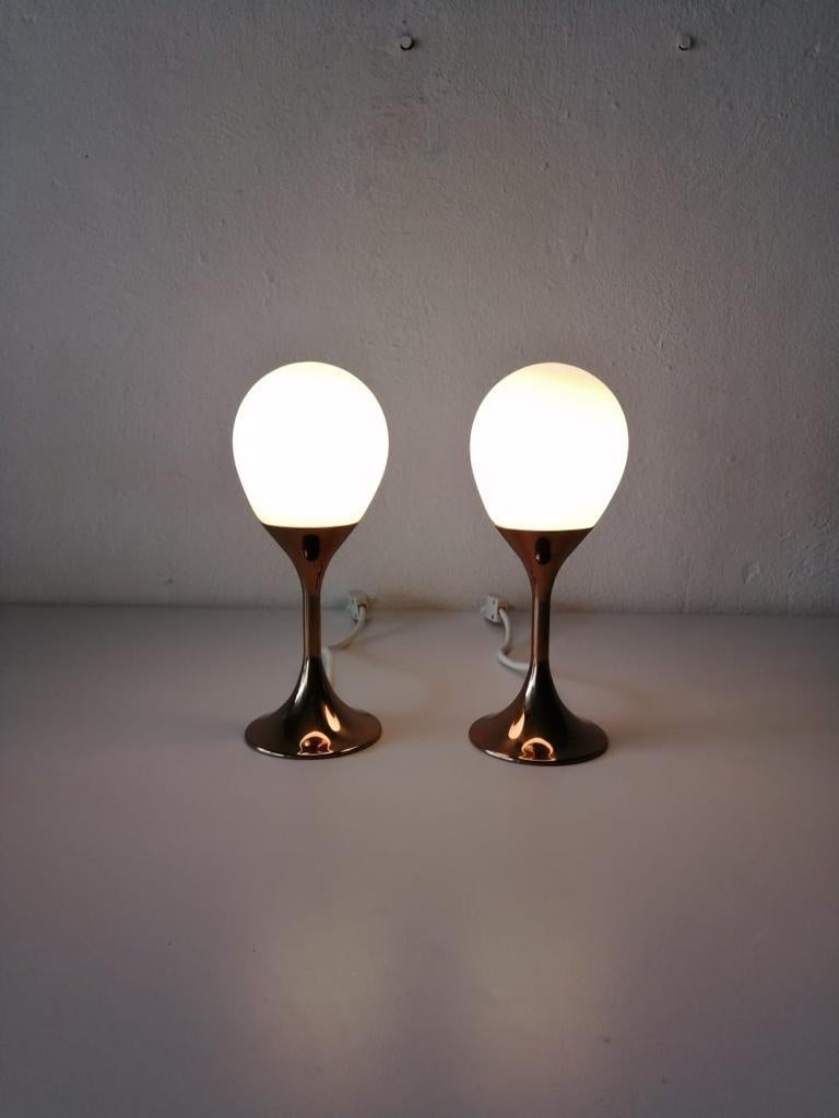 Space Age Opaline Glass and Metal Atomic Age Pair of Table Lamps by Kaiser Leuchten, 1970s For Sale