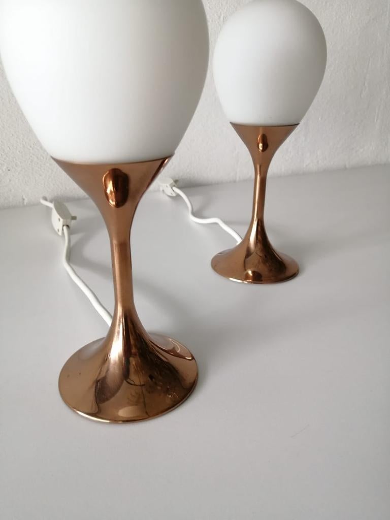 Late 20th Century Opaline Glass and Metal Atomic Age Pair of Table Lamps by Kaiser Leuchten, 1970s For Sale