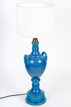 Paire de lampes de table de Pol Chambost (1906-1983), faïence émaillée bleue.
