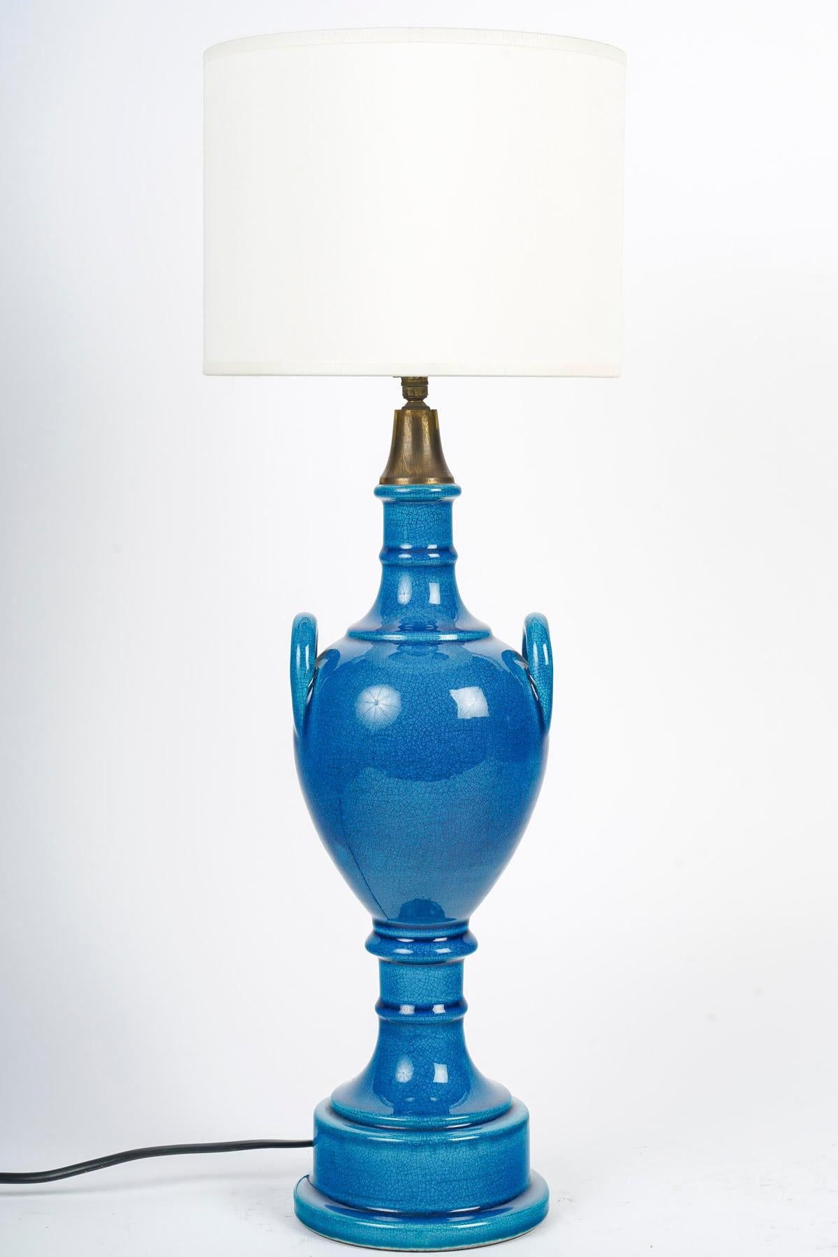 Modern Pair of Table Lamps by Pol Chambost (1906-1983), Blue Glazed Earthenware. For Sale