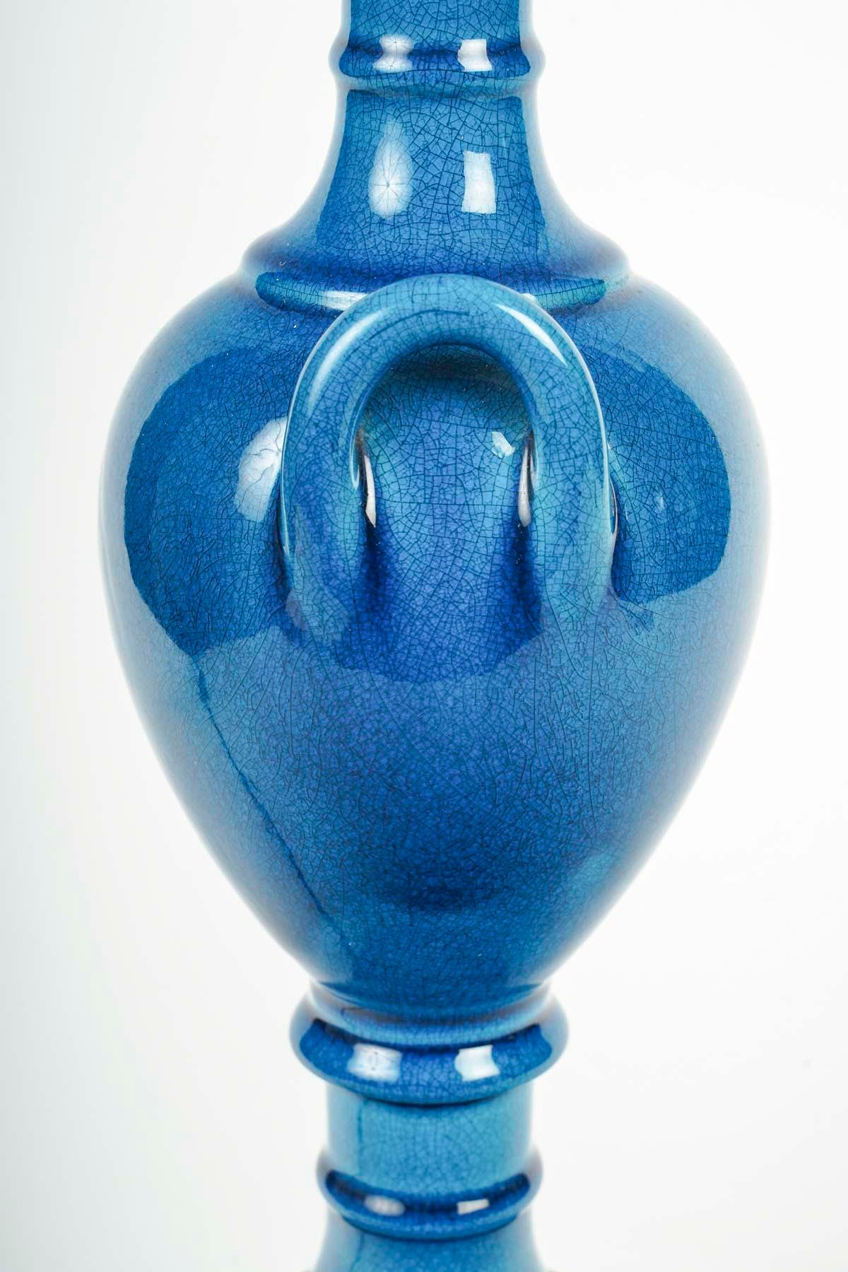 French Pair of Table Lamps by Pol Chambost (1906-1983), Blue Glazed Earthenware. For Sale