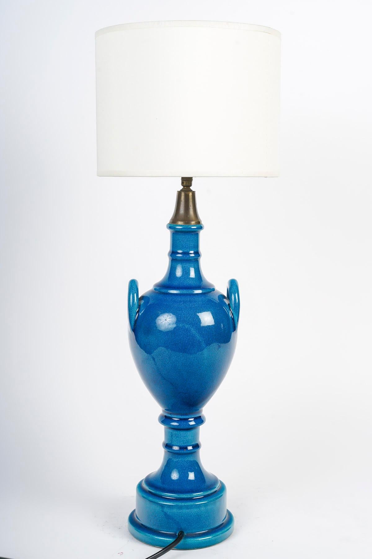 Pair of Table Lamps by Pol Chambost (1906-1983), Blue Glazed Earthenware. In Good Condition For Sale In Saint-Ouen, FR