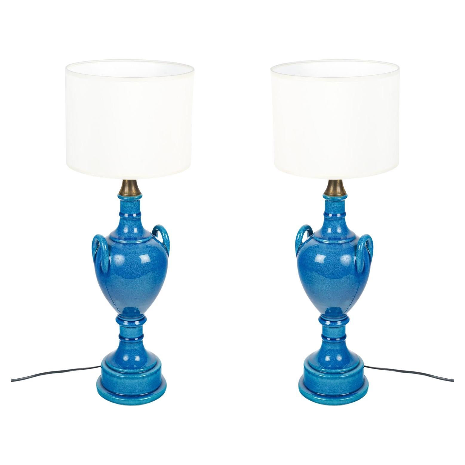 Pair of Table Lamps by Pol Chambost (1906-1983), Blue Glazed Earthenware.