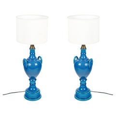 Vintage Pair of Table Lamps by Pol Chambost (1906-1983), Blue Glazed Earthenware.