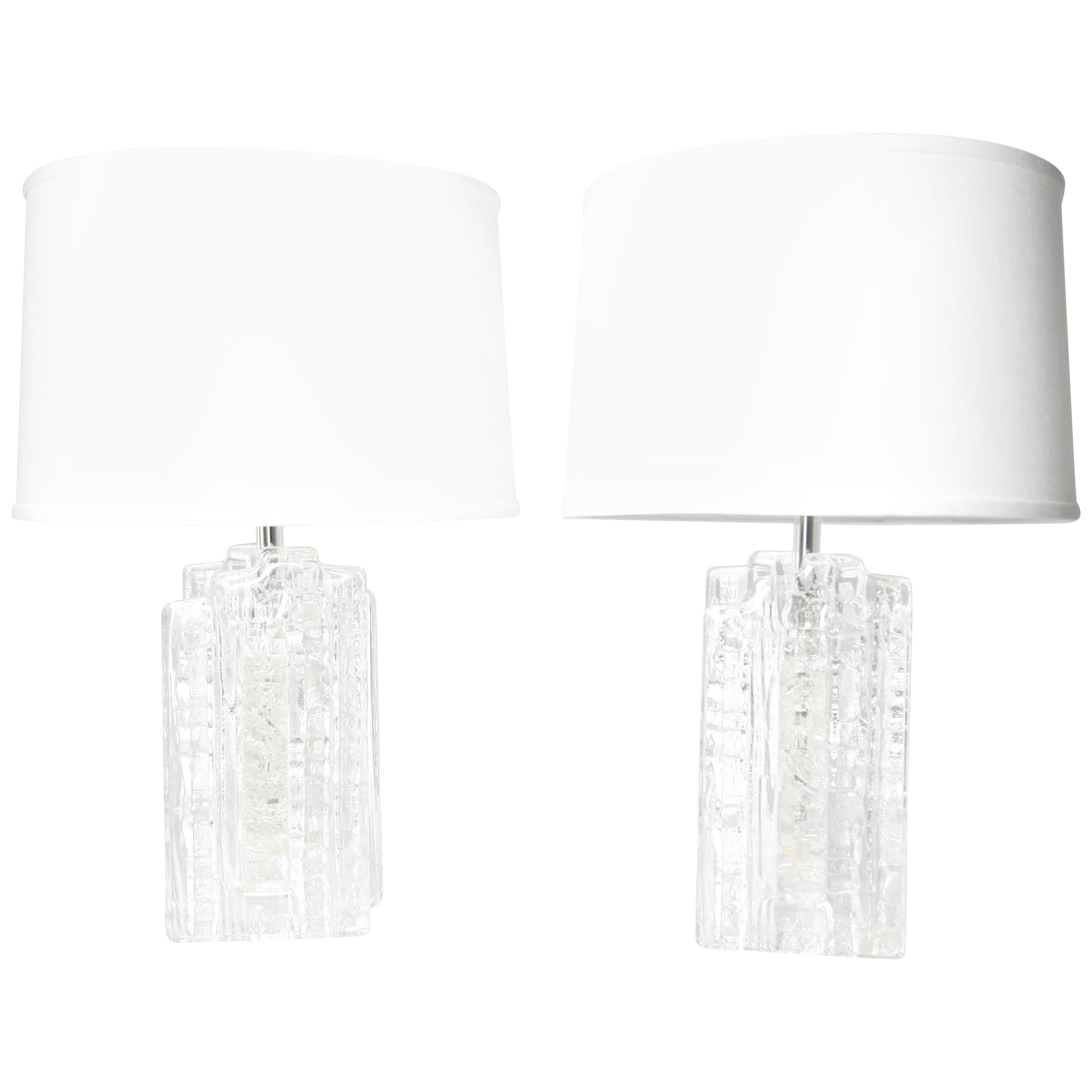 Pair of crystal glass Table Lamps by Pukeberg, Sweden, 1970 For Sale