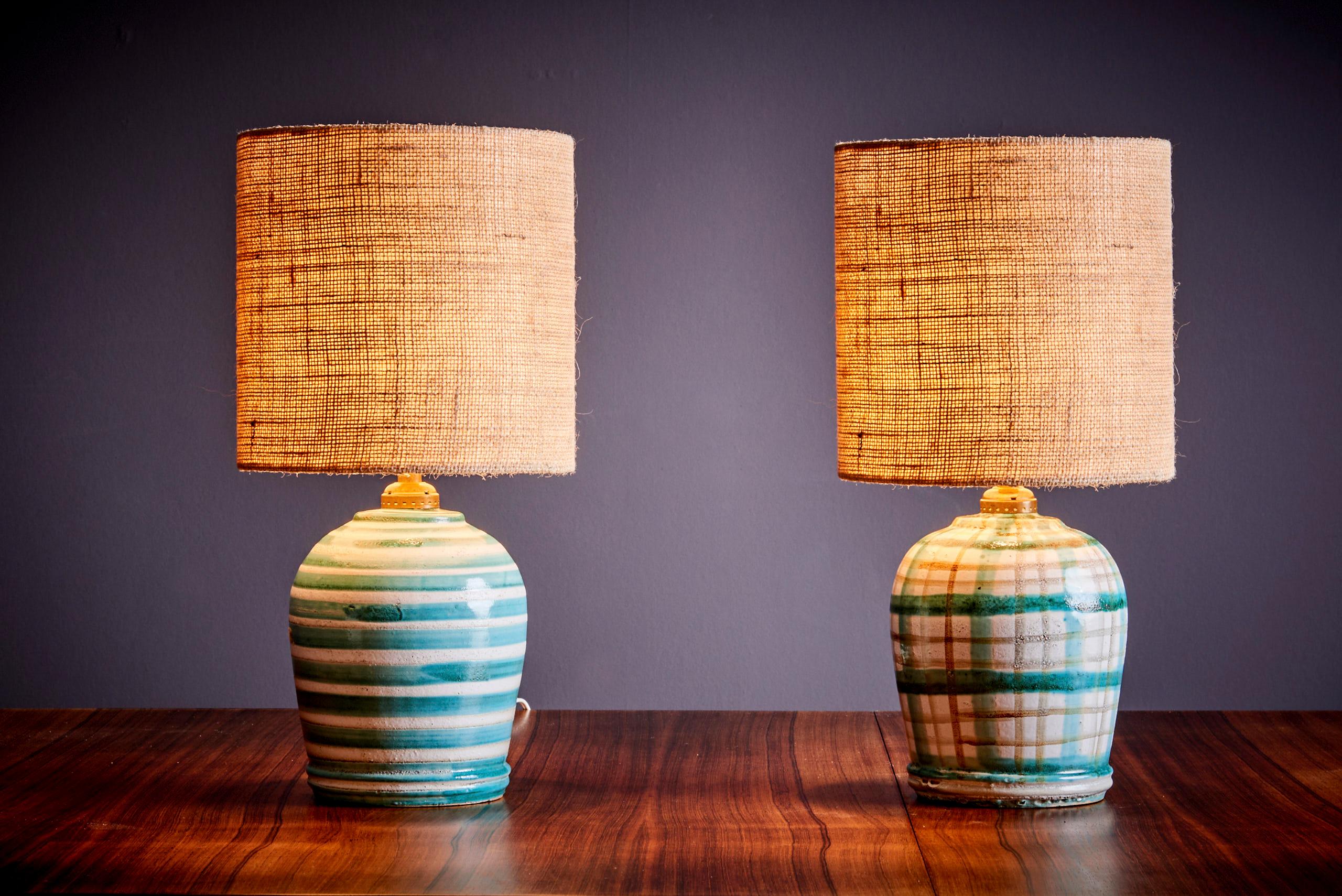 Pair of Table Lamps by Robert Picault, France in turquoise / green  For Sale 1