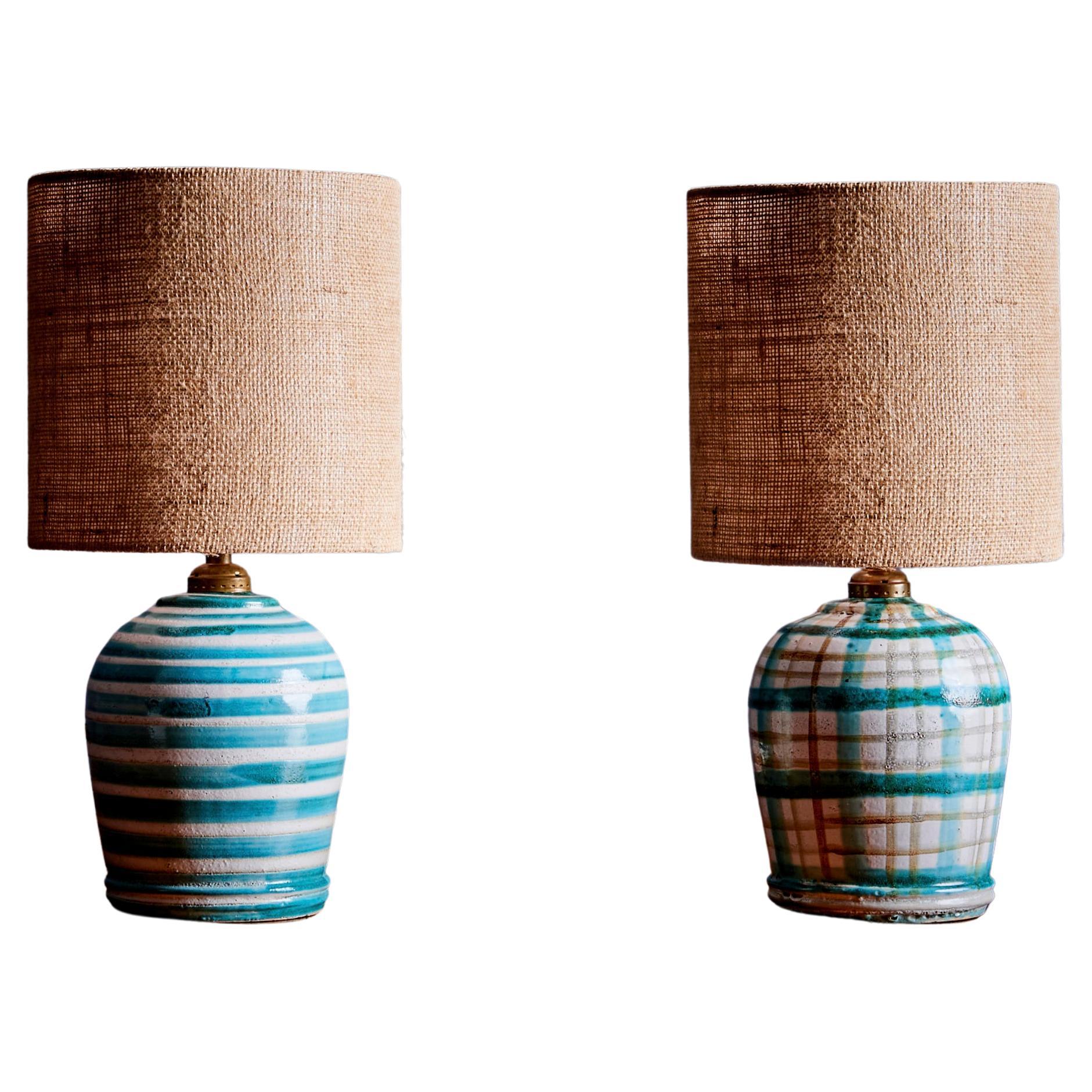 Paar Tischlampen von Robert Picault, Frankreich, in Türkis / Grün  im Angebot