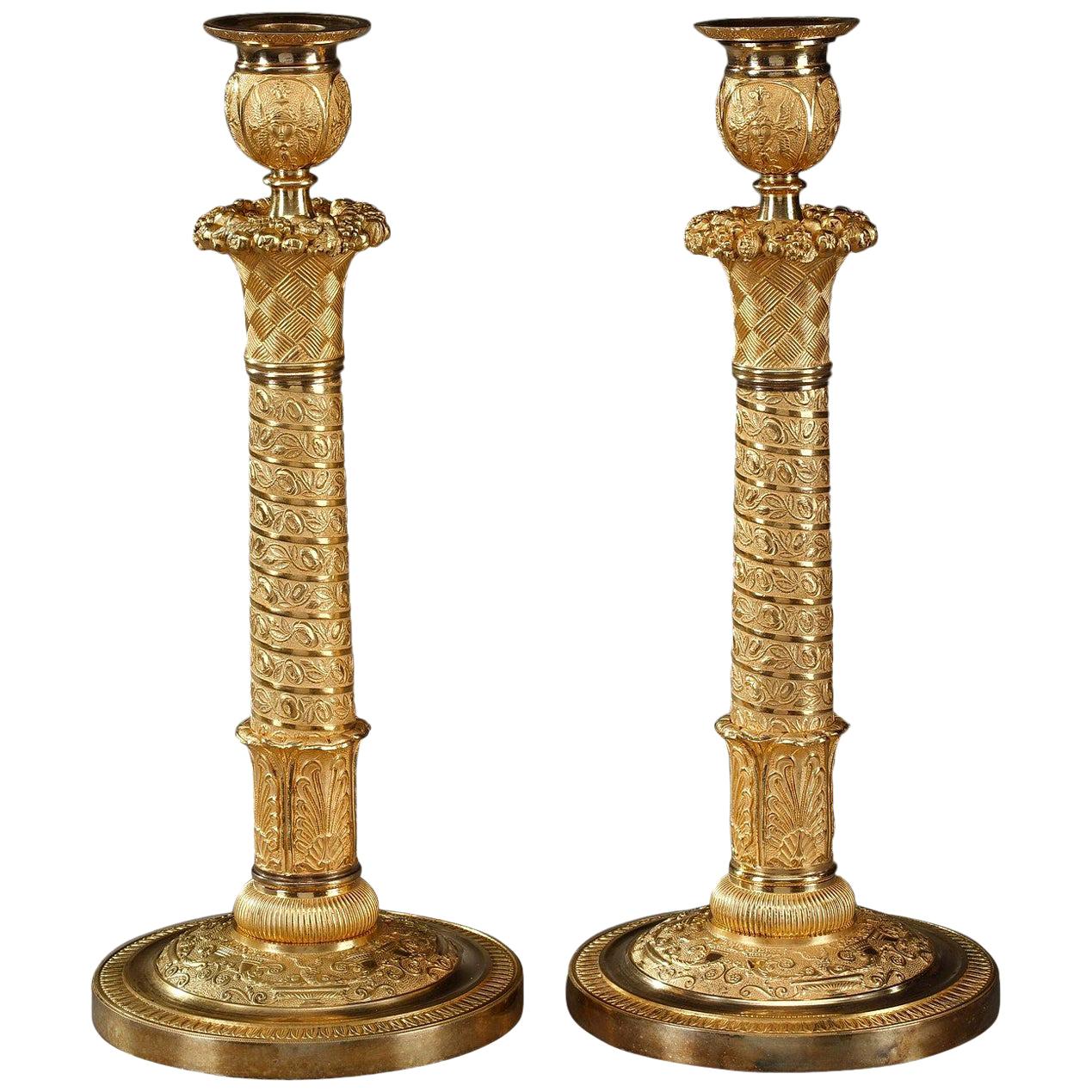 Pair of Table Lamps Candle Holders in Trajan's Column Style