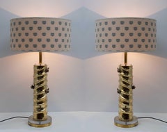 Pair of Table Lamps Casting Brass and Murano Glass with Gucci Fabric