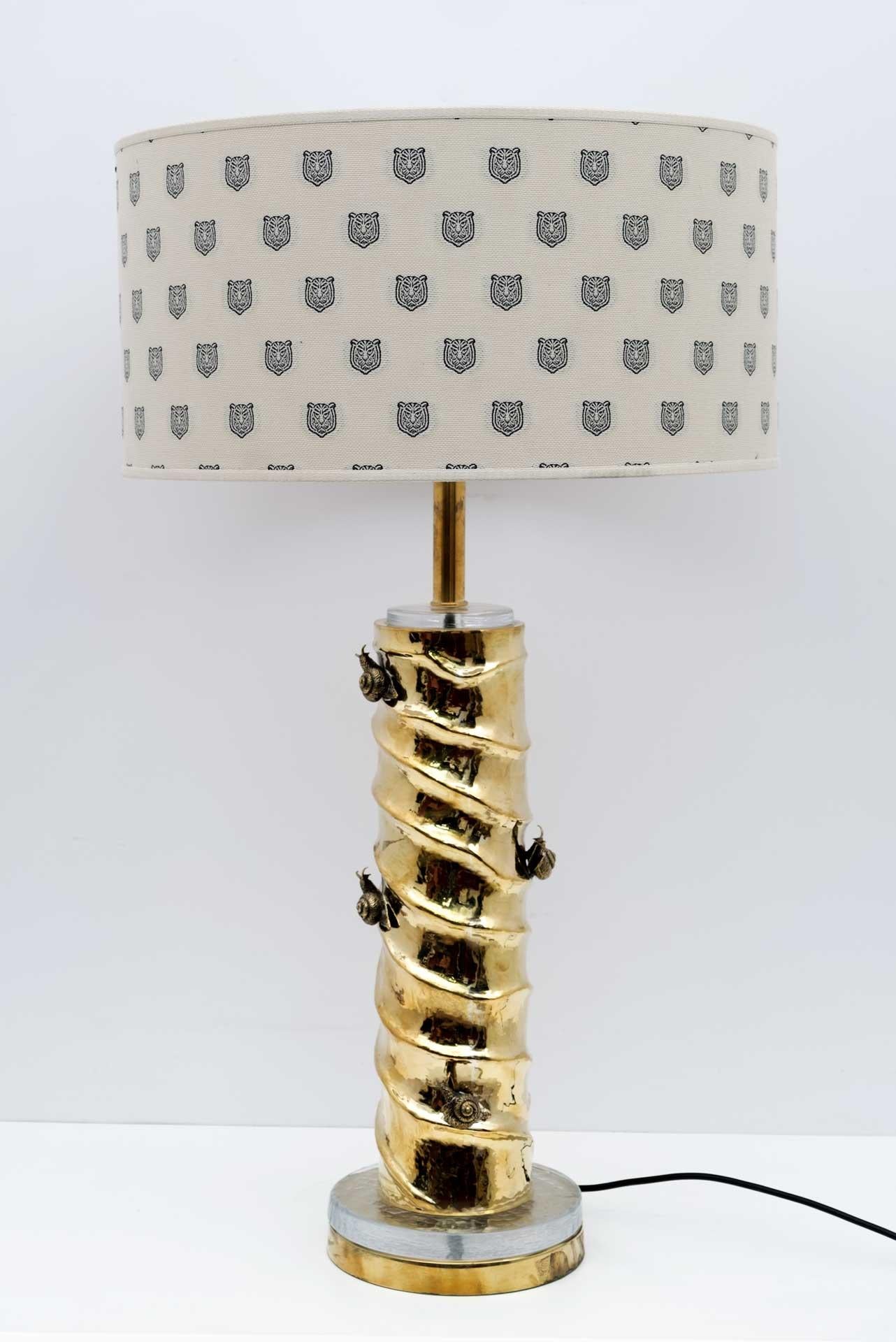 Mid-Century Modern Pair of Table Lamps Casting Brass and Murano Glass with Gucci Fabric