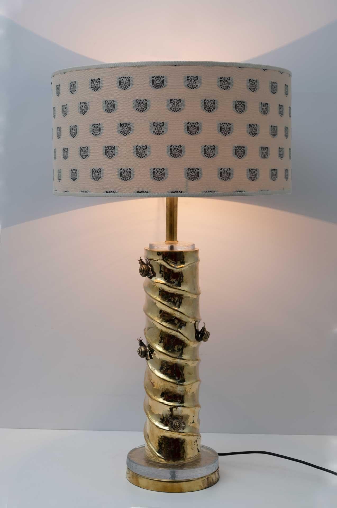 Italian Pair of Table Lamps Casting Brass and Murano Glass with Gucci Fabric