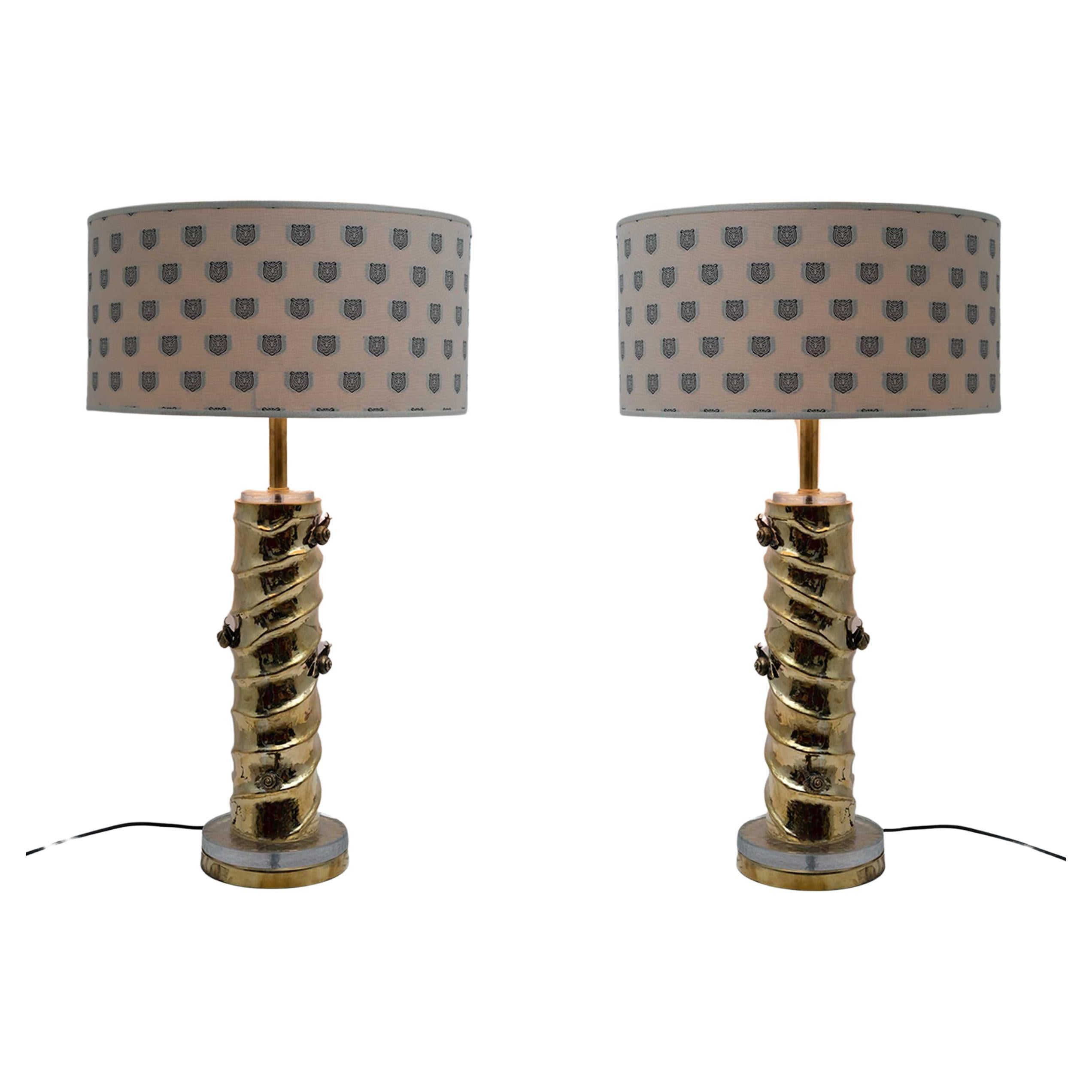 Pair of Table Lamps Casting Brass and Murano Glass with Gucci Fabric