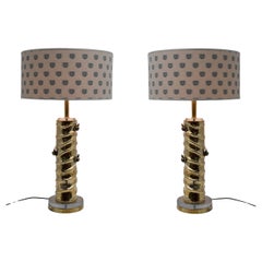 Pair of Table Lamps Casting Brass and Murano Glass with Gucci Fabric