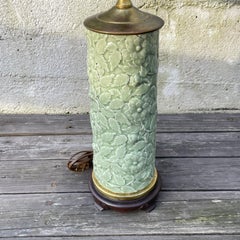 A Fine Pair of Mid Century Chinese Celadon Relief Porcelain Columnar Lamps