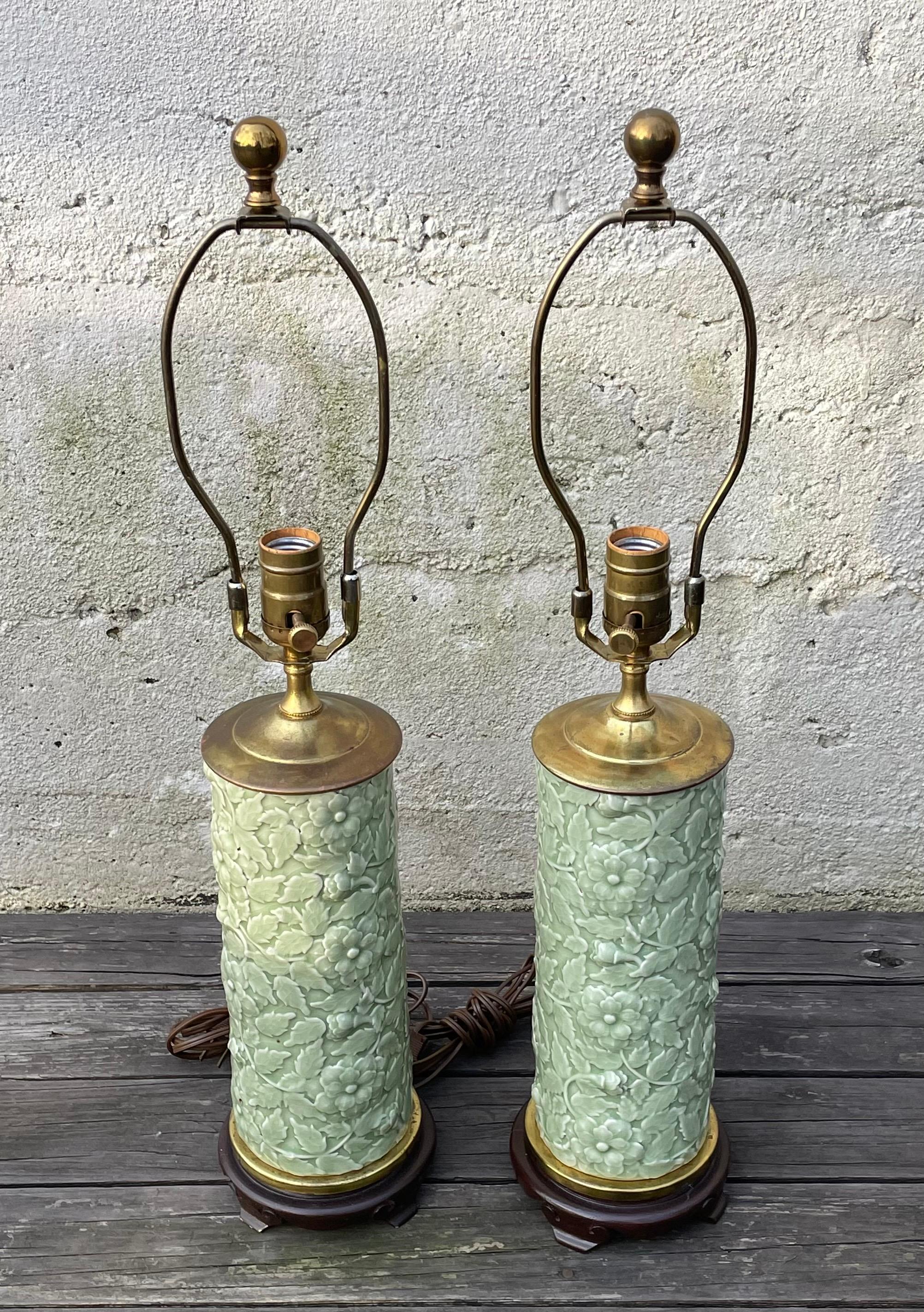 Glazed Pair of Table Lamps, Celadon Green Porcelain, Hollywood Regency For Sale