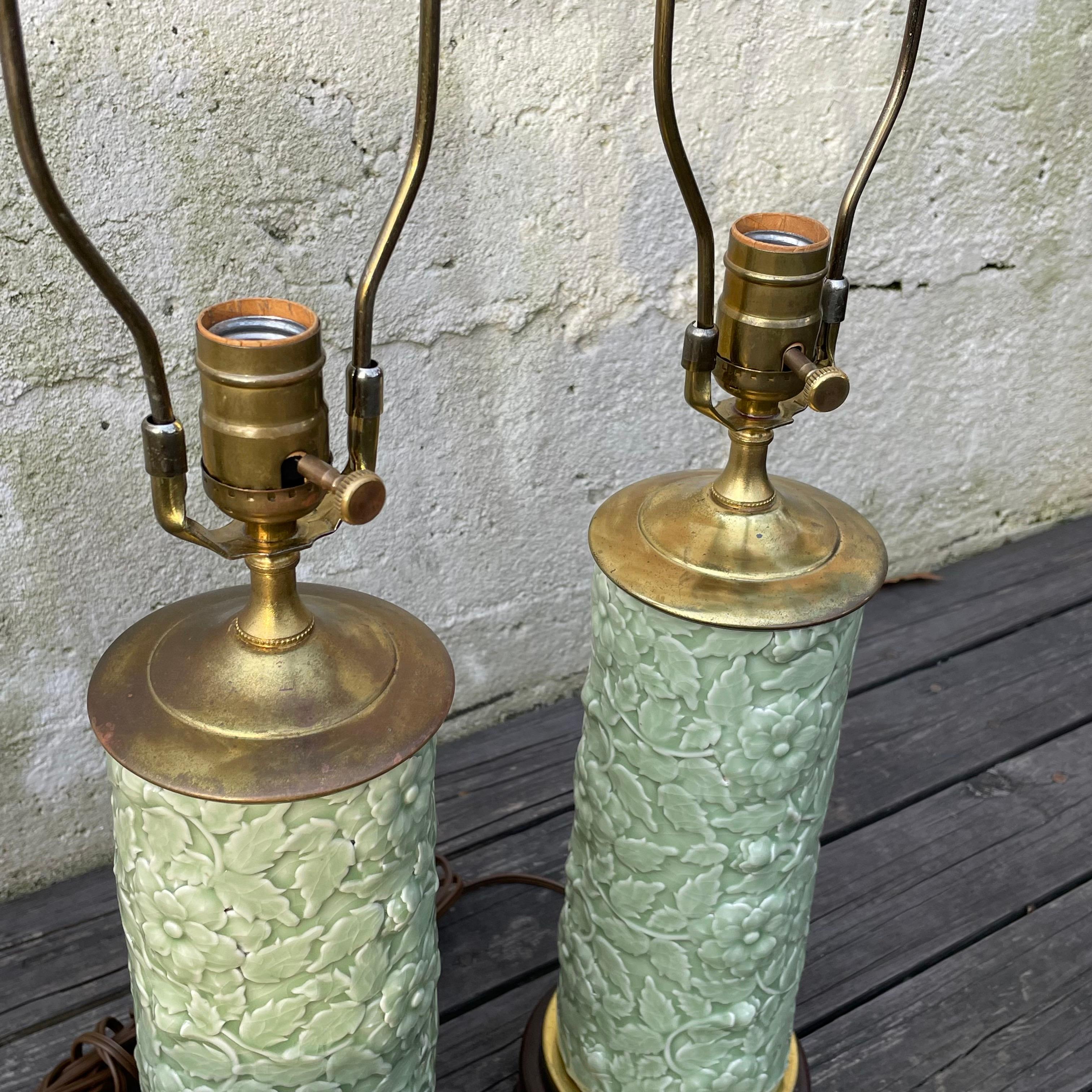 Pair of Table Lamps, Celadon Green Porcelain, Hollywood Regency In Good Condition For Sale In Bedford Hills, NY