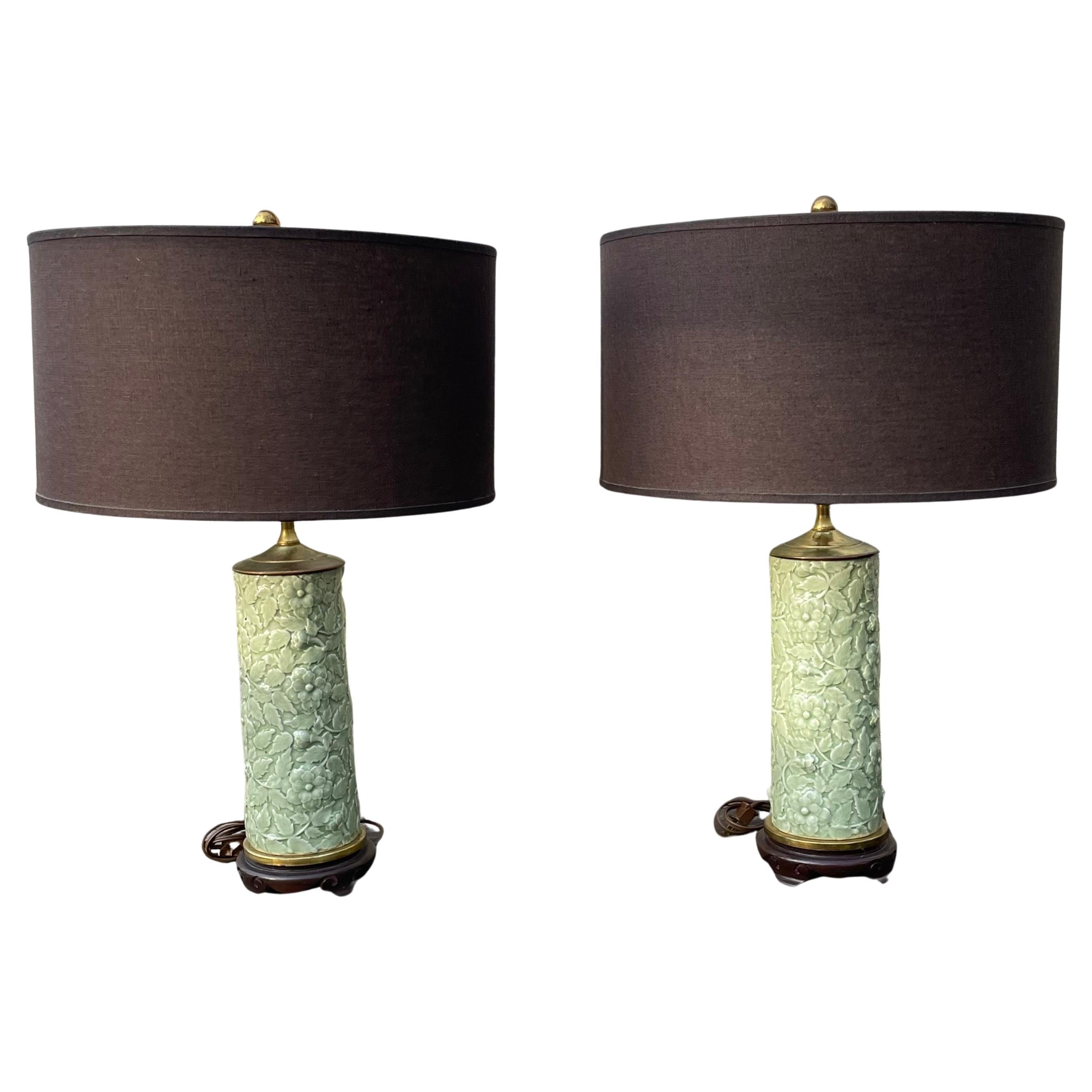 Pair of Table Lamps, Celadon Green Porcelain, Hollywood Regency For Sale