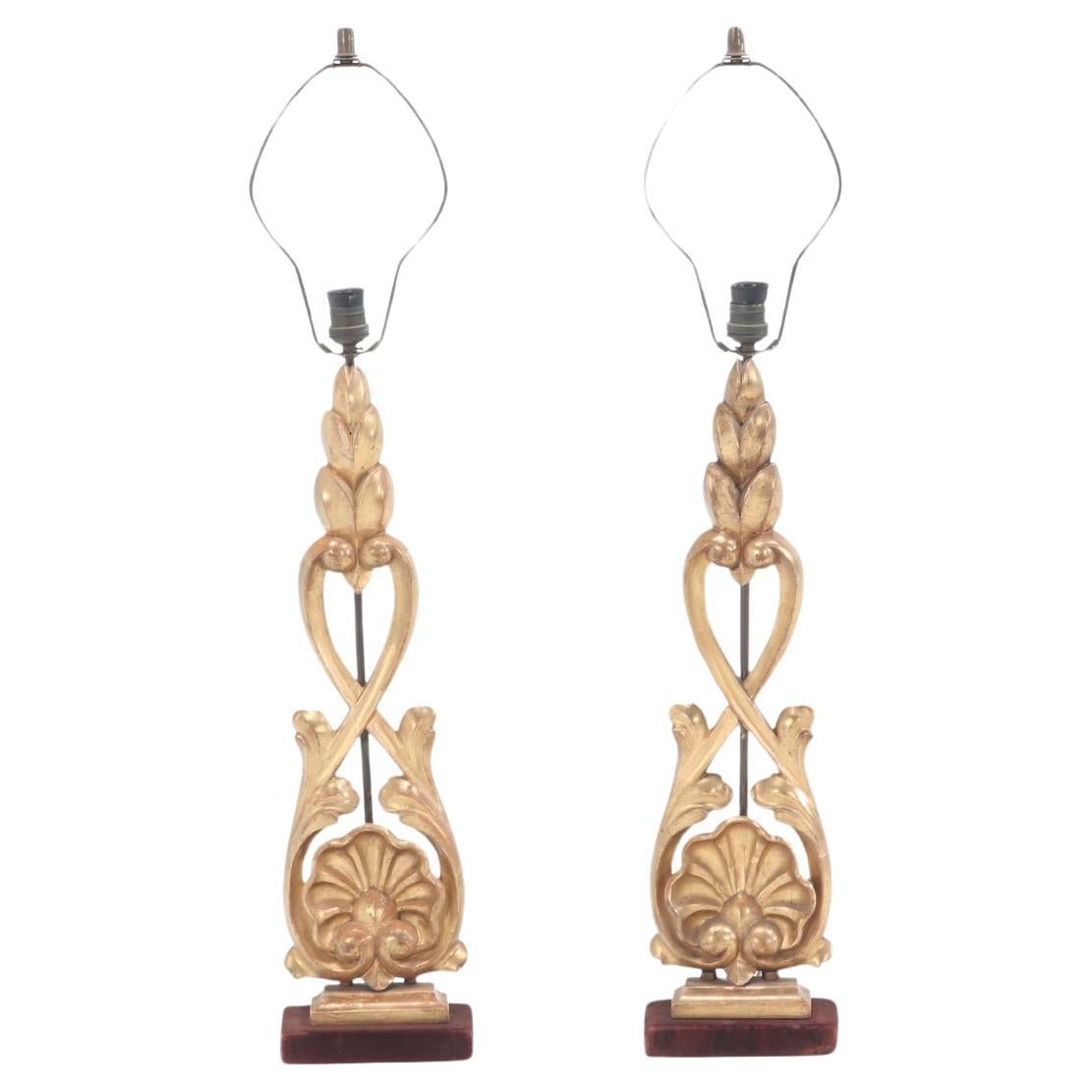 Pair of table lamps constructed from nineteenth century giltwood elements.  For Sale