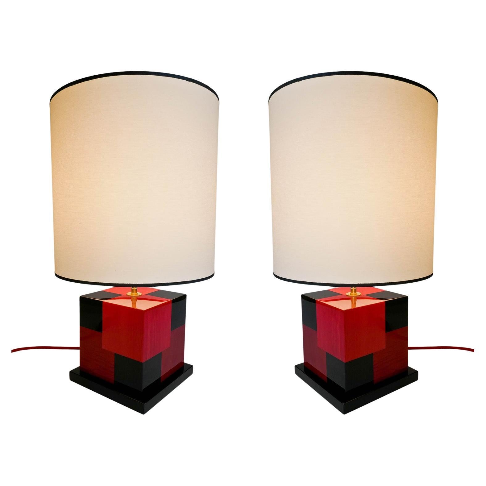 Pair of Table Lamps "Cubes" in Tinted Red and Black Marquetery by Aymeric Lefort For Sale