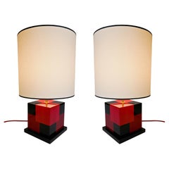 Pair of Table Lamps "Cubes" in Tinted Red and Black Marquetery by Aymeric Lefort