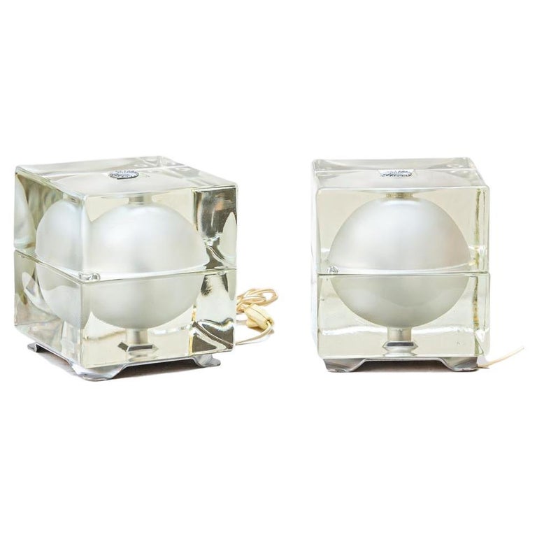 Pair of Table Lamps Cubo Sfere Clear Frosted Glass Cubes by Alessandro Mendini For Sale