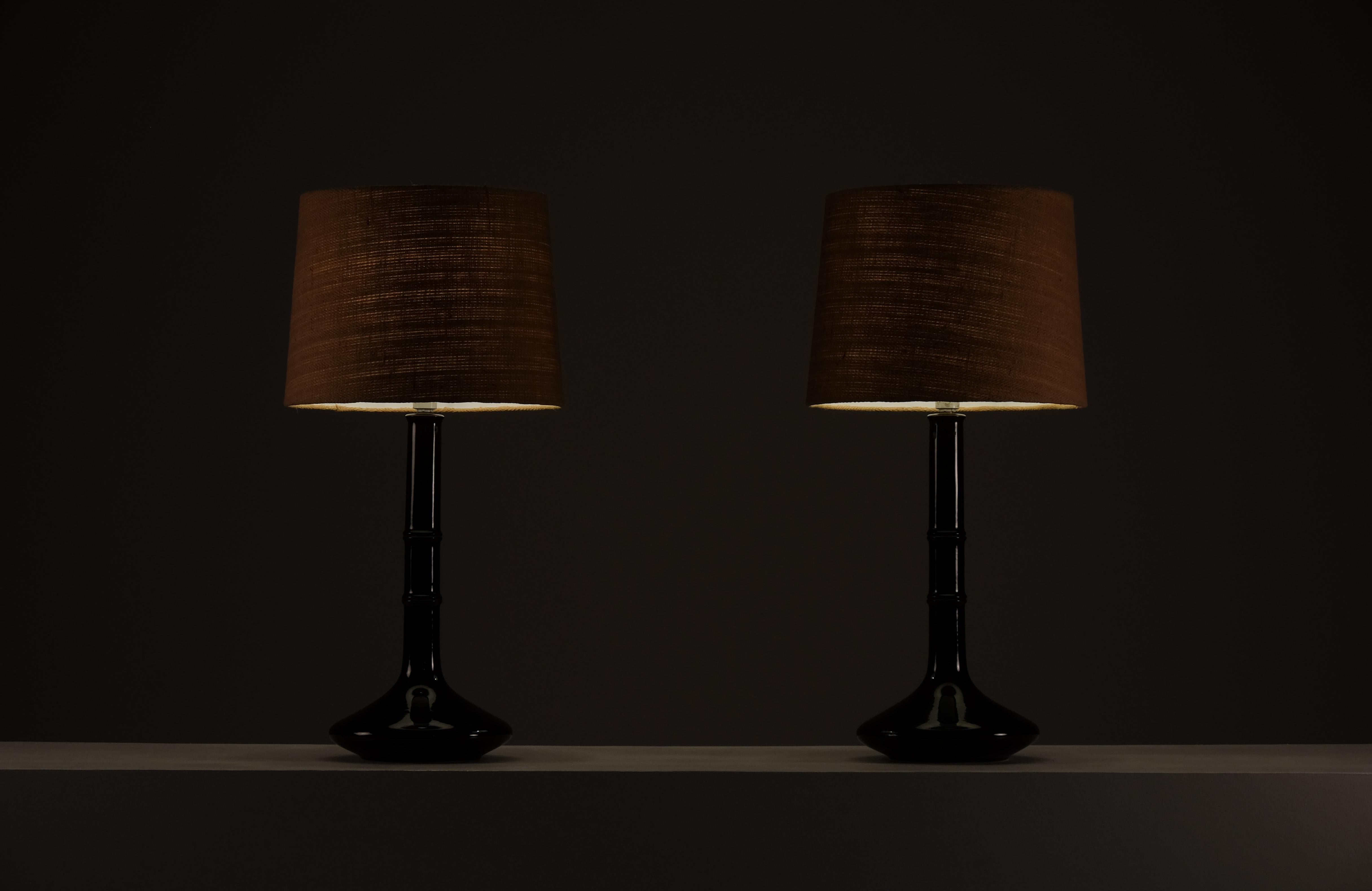 Pair of bamboo shaped faience lamps.
Produced by Royal Copenhagen, Denmark, 1960s. 

    