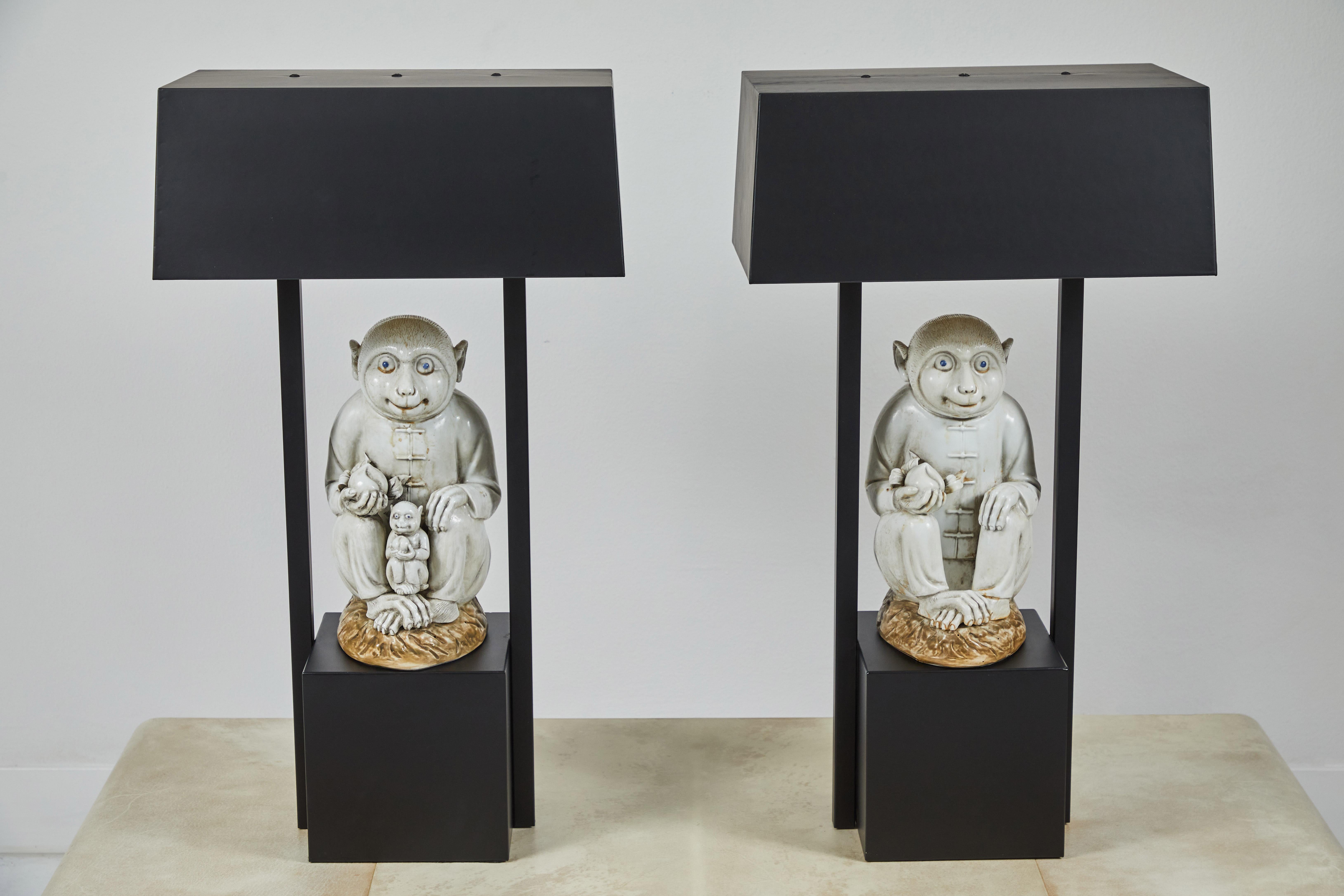 Painted Pair of Table Lamps Featuring Chinese Monkeys Designed by Billy Haines