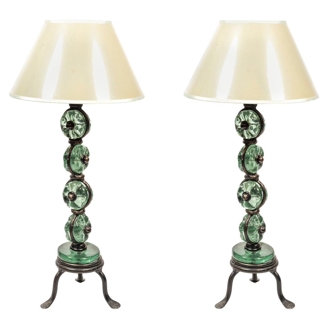 Pair of Table Lamps, Glass and Iron, circa 1970, France