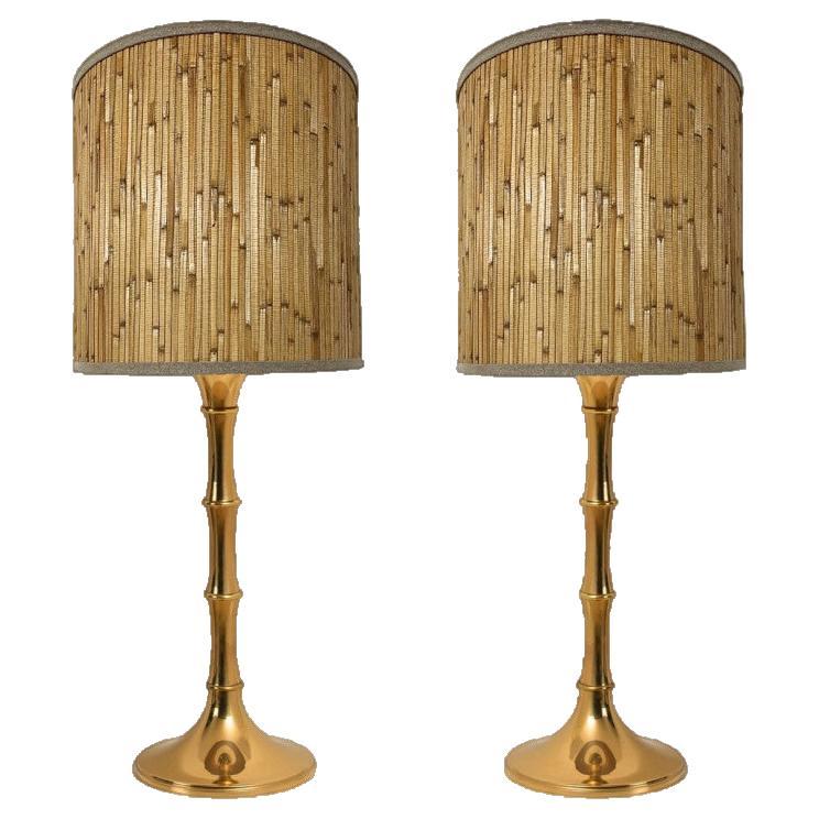 Pair of Table Lamps Gold Brass and Bamboo by Ingo Maurer, Europe, Germany, 1968 For Sale