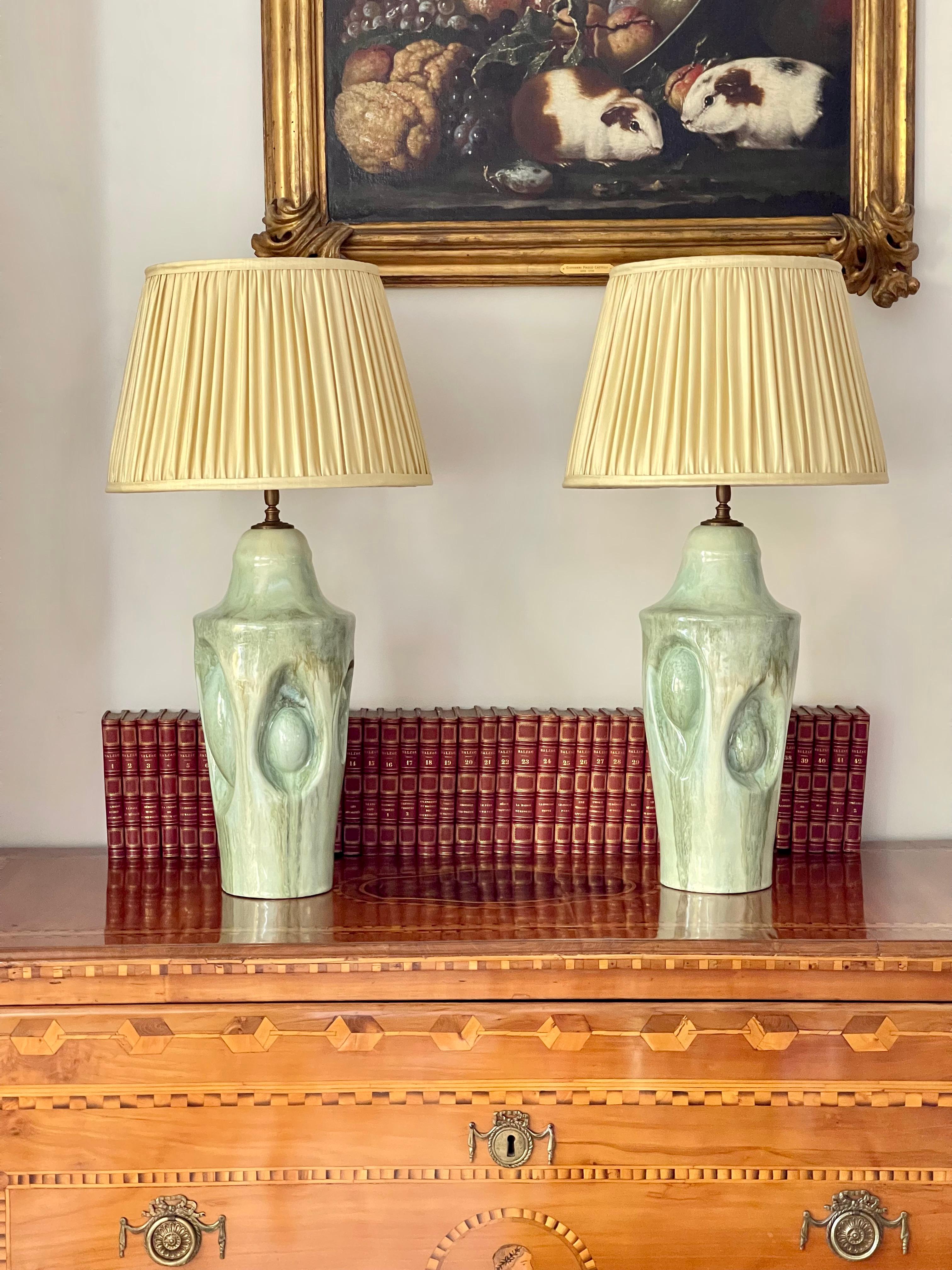 Handmade ceramic Table Lamps (pair) by Violante Lodolo D'Oria  one of a kind hand built stoneware with multiple glazes
Measures: Lamp base approximate  17 cm width 48cm height - total height with lamp shades approximate 76 cm, lampshades are not