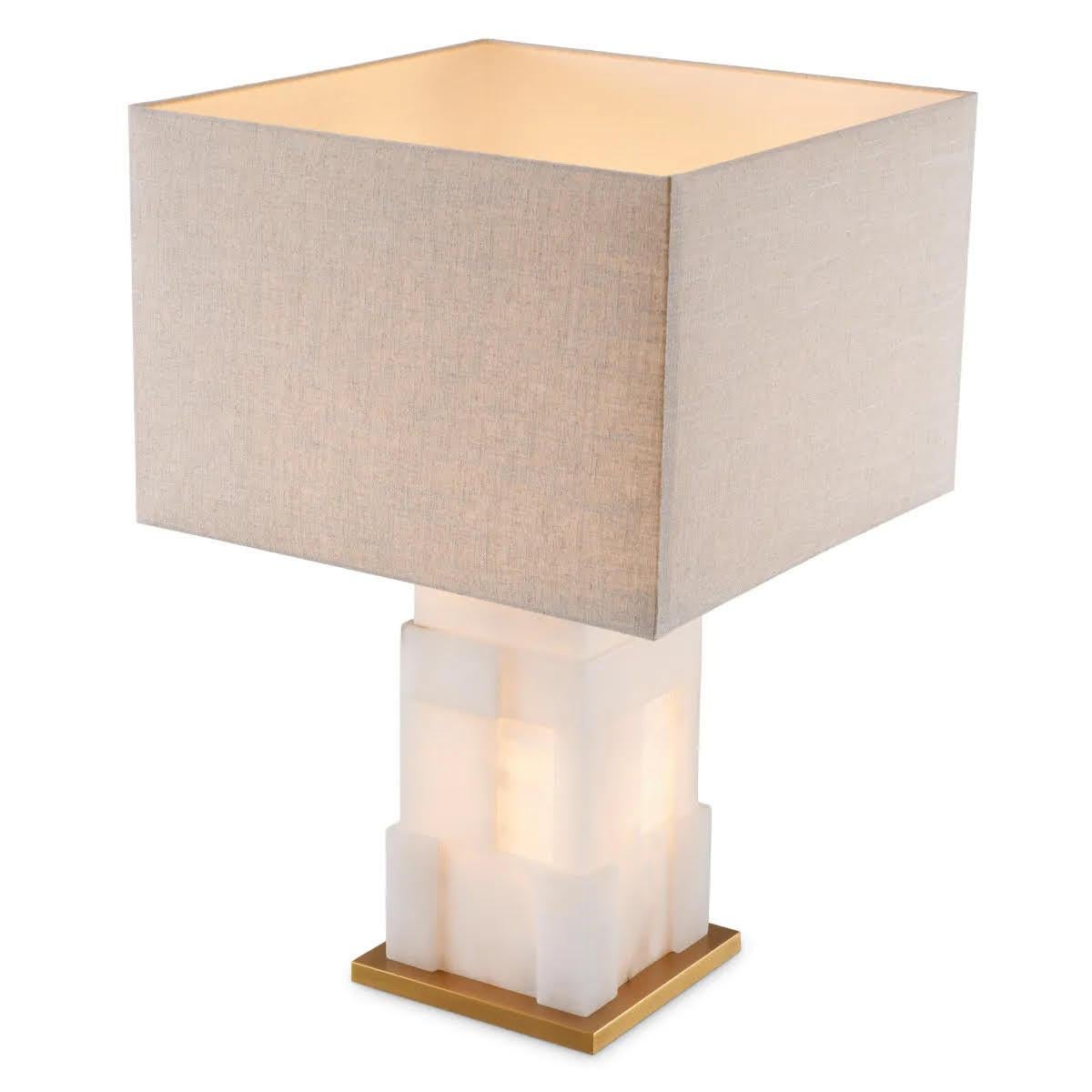 Français Paire de lampes de table en albâtre et laiton patiné en vente