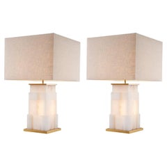 Pair of Table Lamps in Alabaster and Patinated Brass.