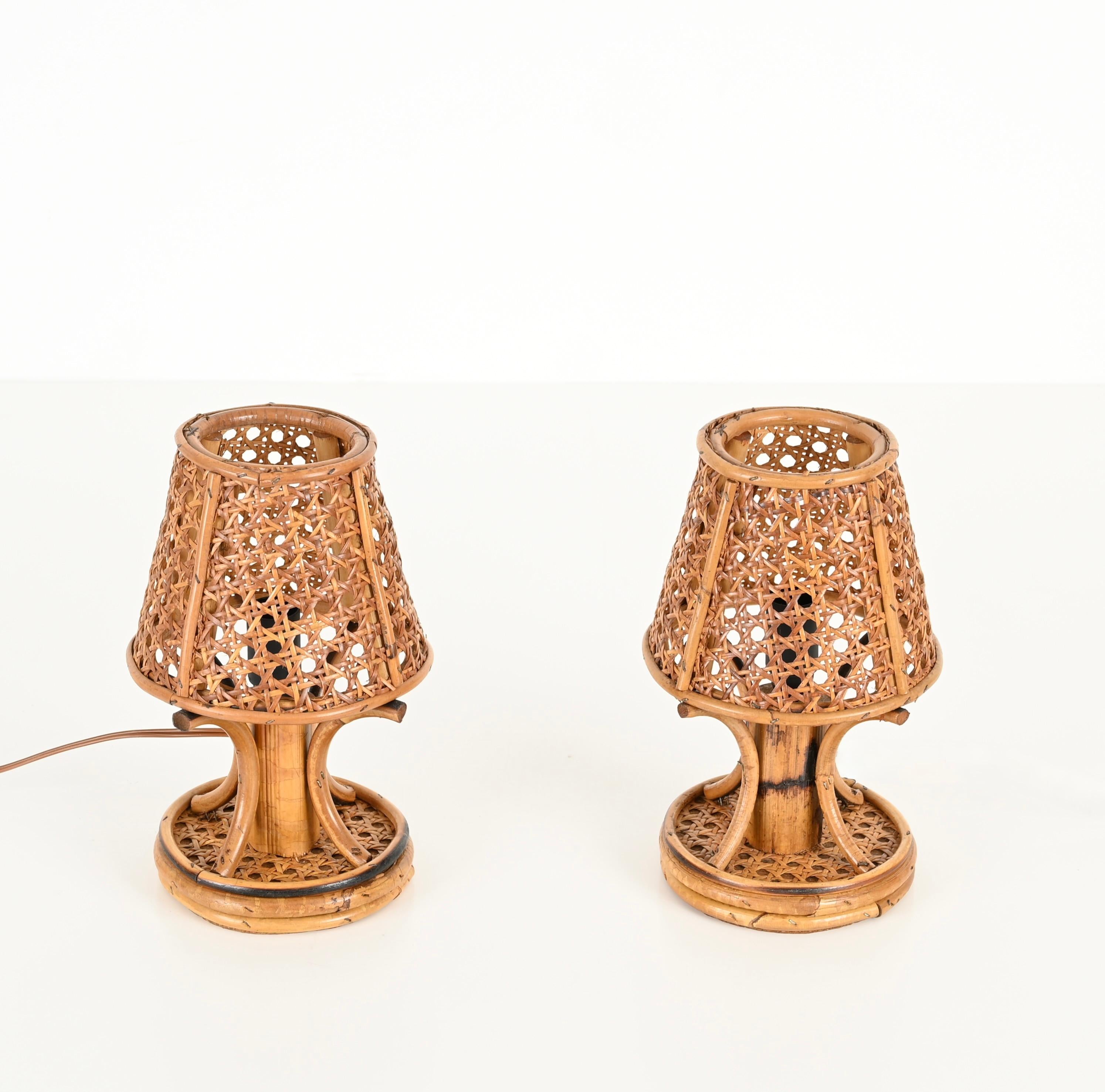 Pair of Table Lamps in Bamboo, Rattan and Vienna Straw, Sognot, Italy 1960s 3